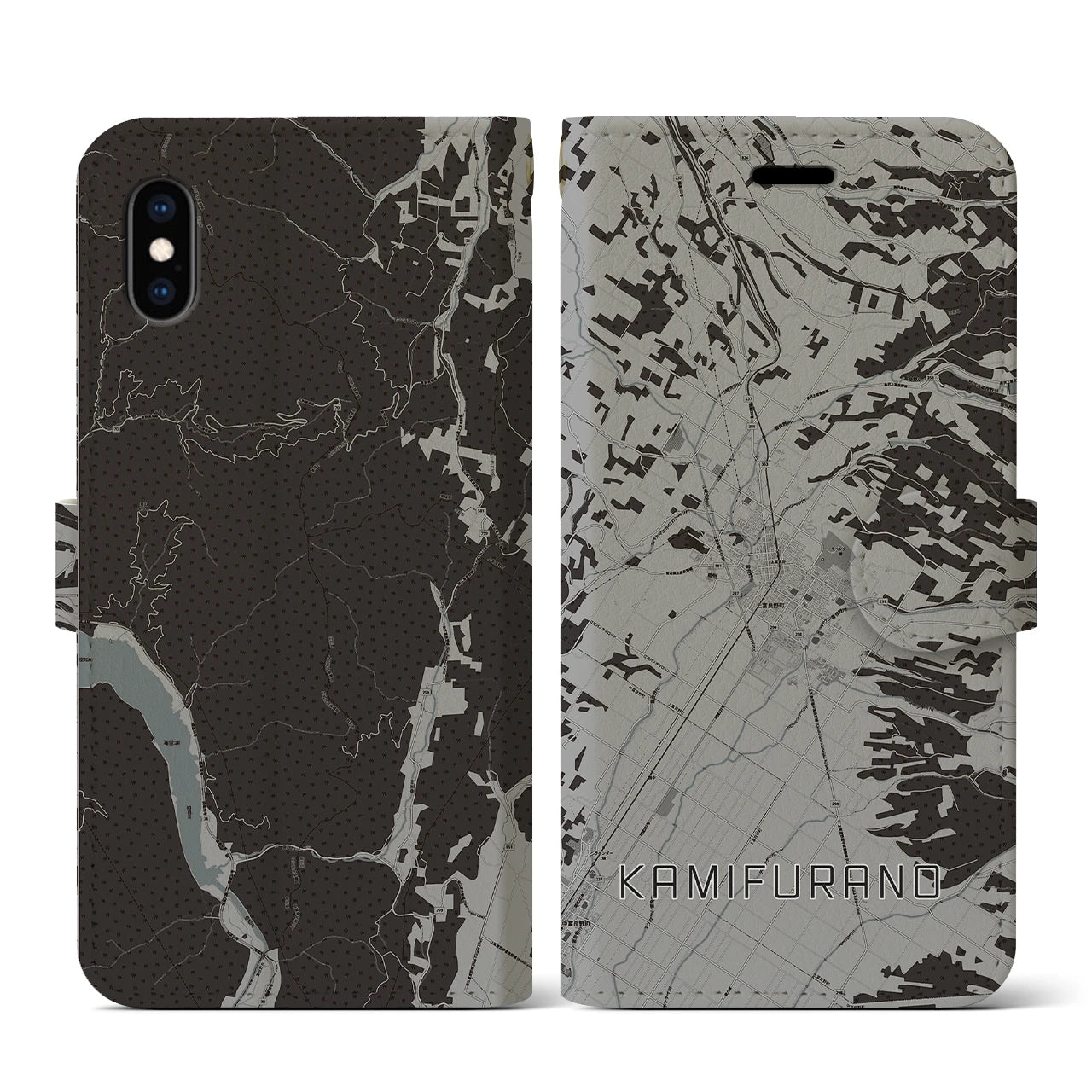 【上富良野(北海道)】地図柄iPhoneケース(手帳タイプ)モノトーン・iPhone XS / X 用