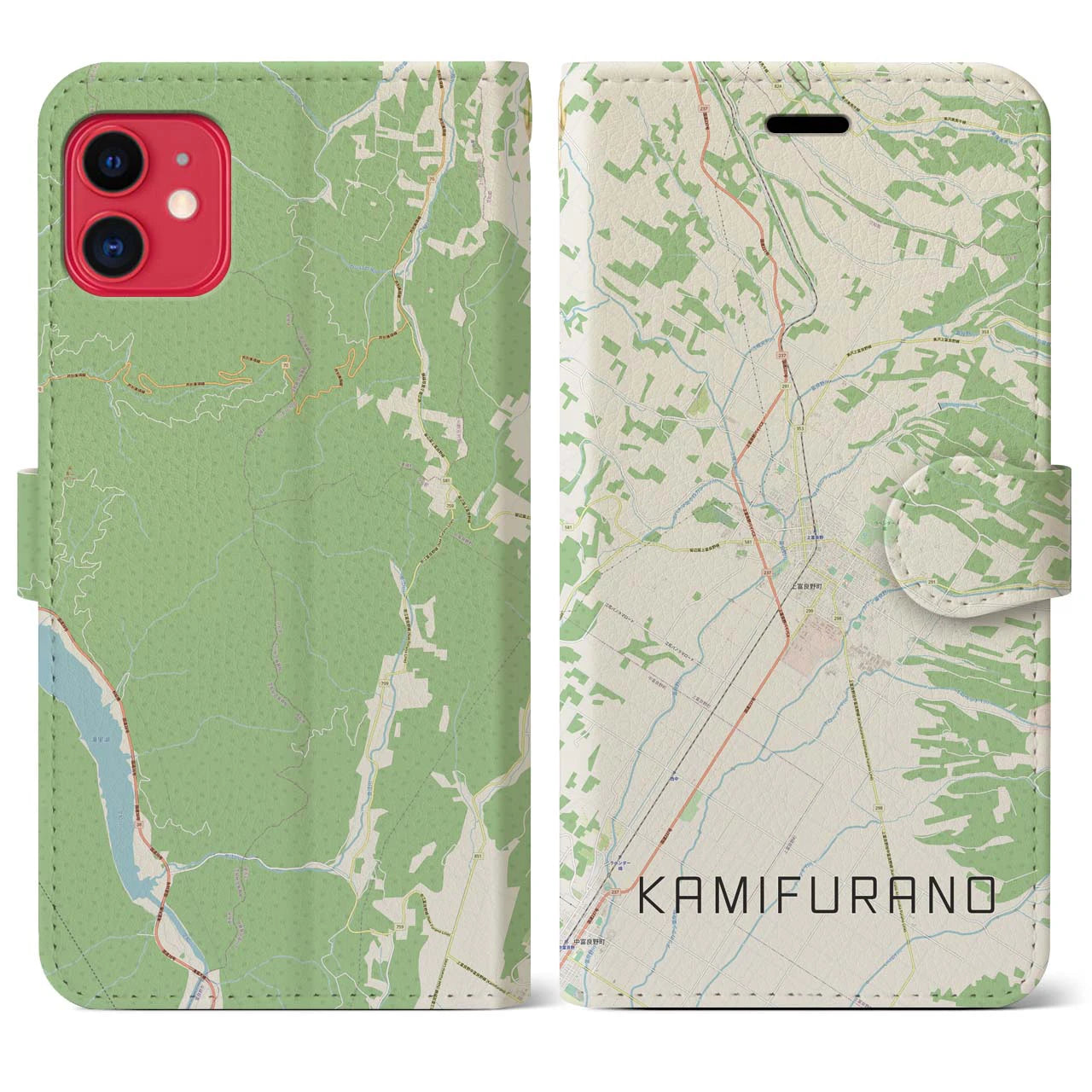 【上富良野(北海道)】地図柄iPhoneケース(手帳タイプ)ナチュラル・iPhone 11 用