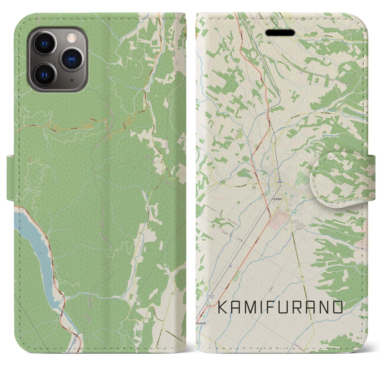 【上富良野(北海道)】地図柄iPhoneケース(手帳タイプ)ナチュラル・iPhone 11 Pro Max 用
