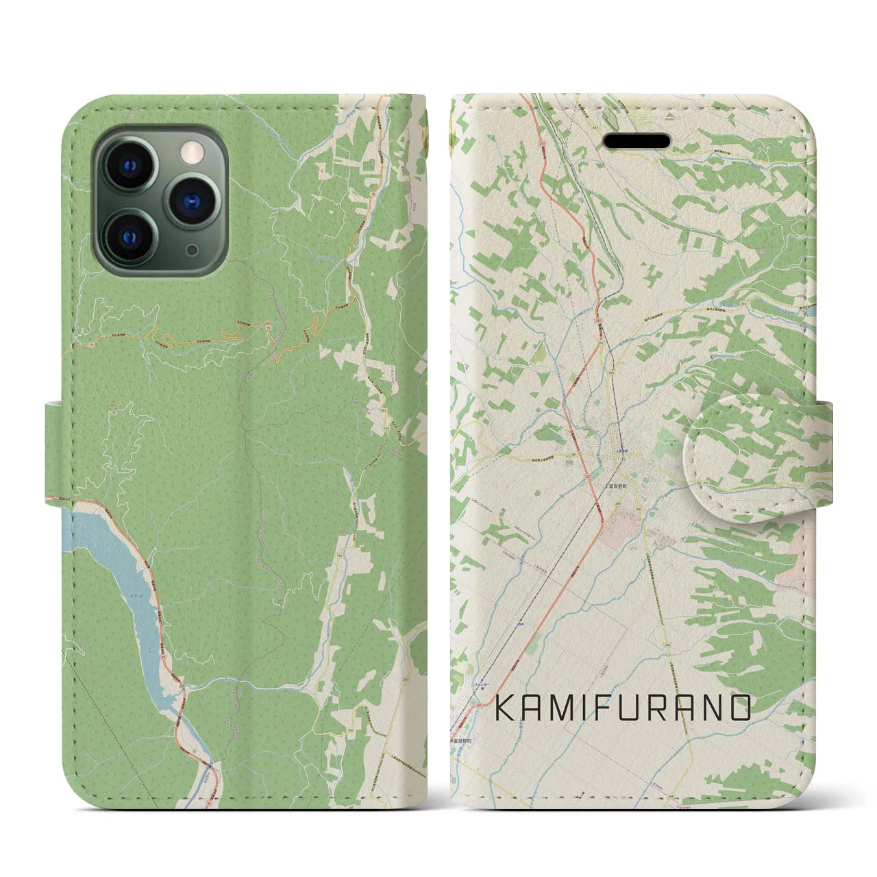 【上富良野(北海道)】地図柄iPhoneケース(手帳タイプ)ナチュラル・iPhone 11 Pro 用
