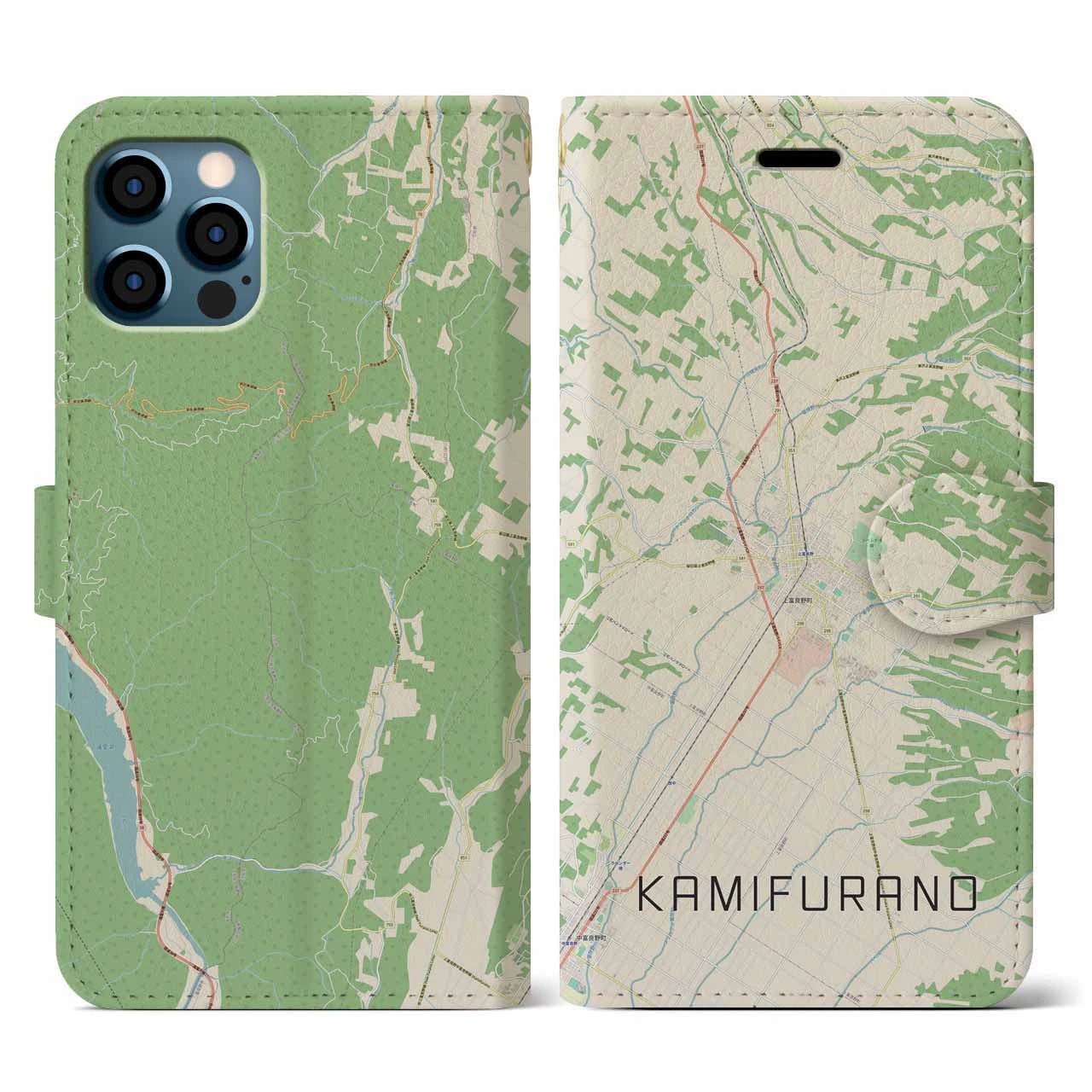 【上富良野(北海道)】地図柄iPhoneケース(手帳タイプ)ナチュラル・iPhone 12 / 12 Pro 用