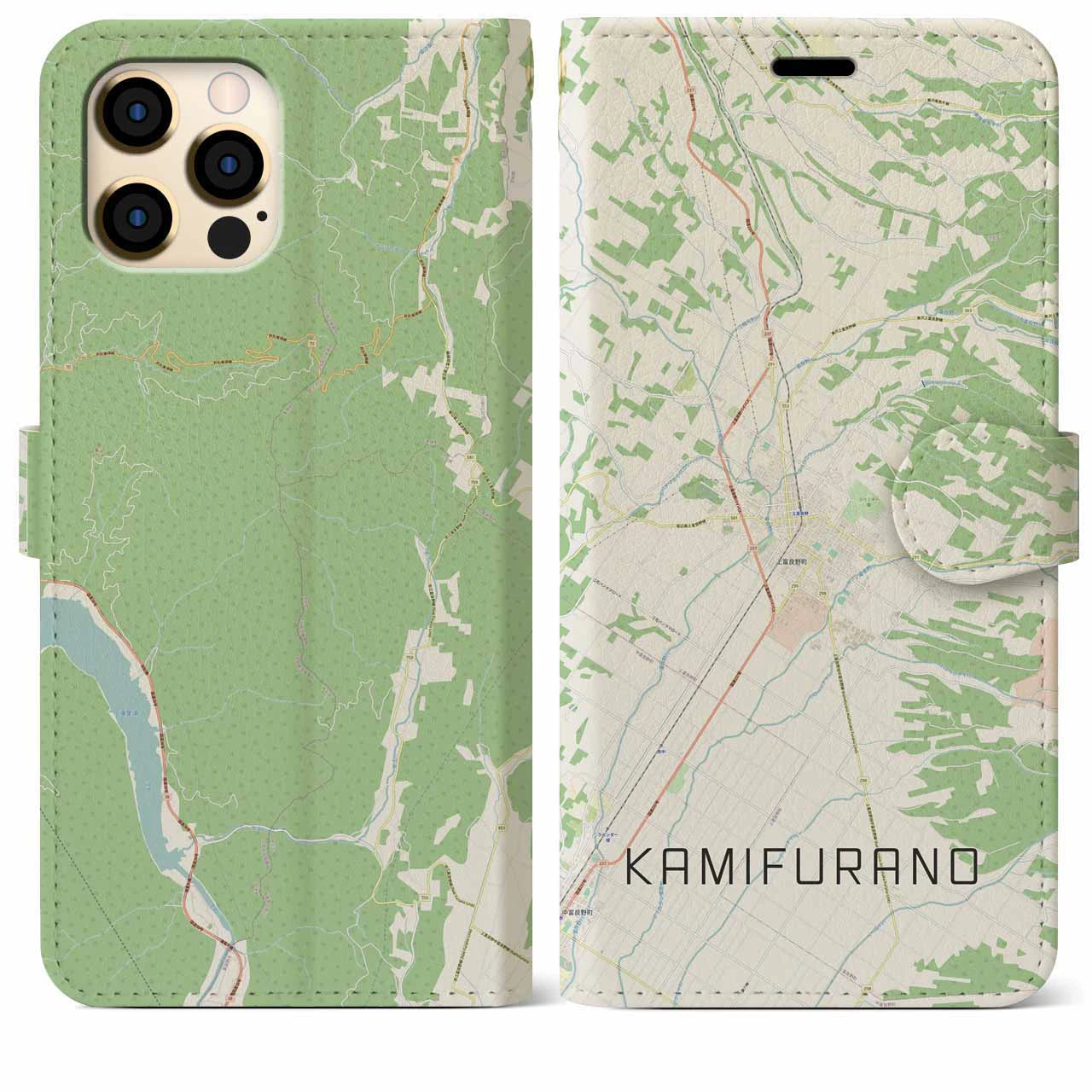 【上富良野(北海道)】地図柄iPhoneケース(手帳タイプ)ナチュラル・iPhone 12 Pro Max 用