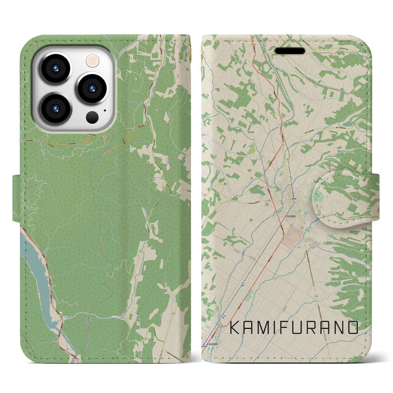 【上富良野(北海道)】地図柄iPhoneケース(手帳タイプ)ナチュラル・iPhone 13 Pro 用