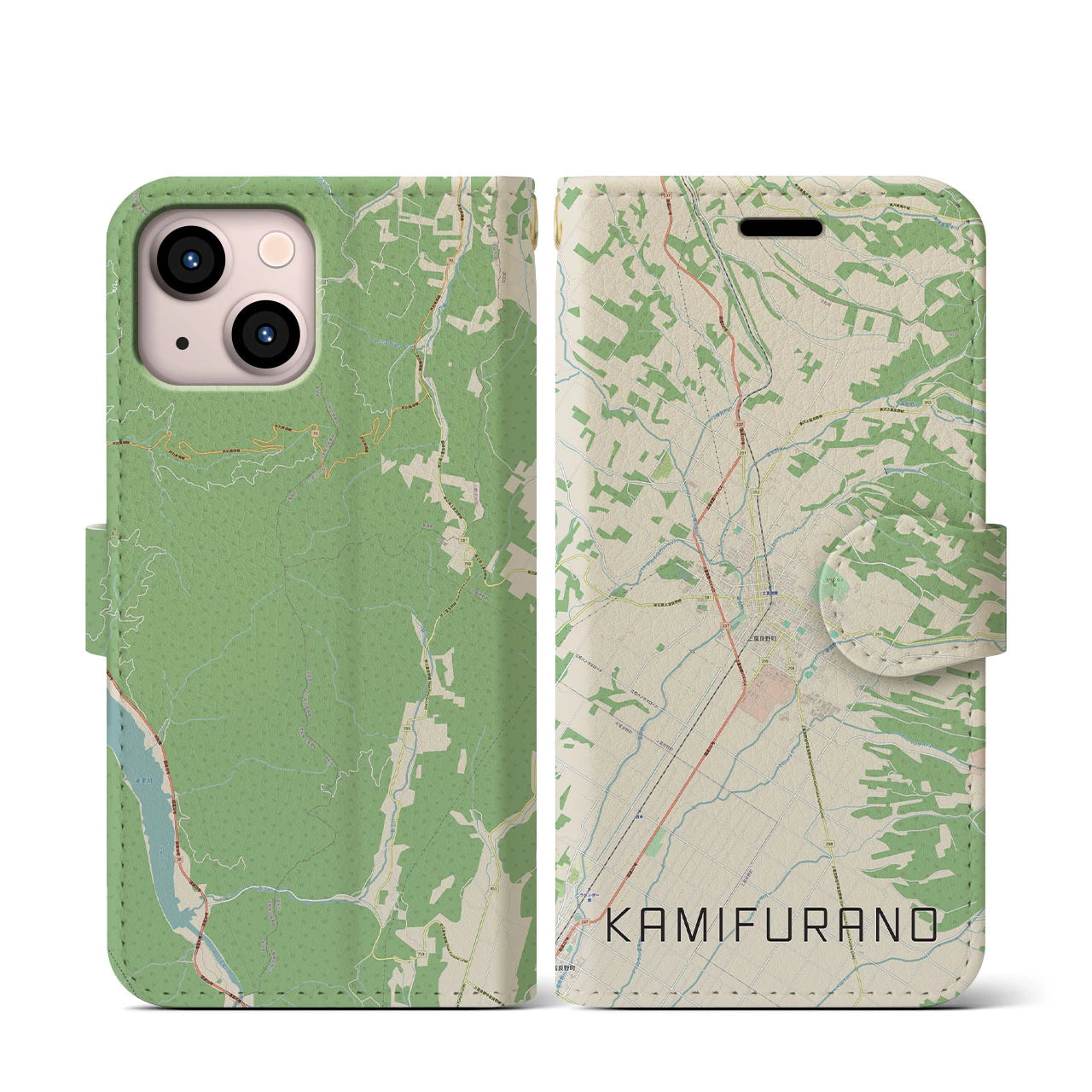【上富良野(北海道)】地図柄iPhoneケース(手帳タイプ)ナチュラル・iPhone 13 mini 用