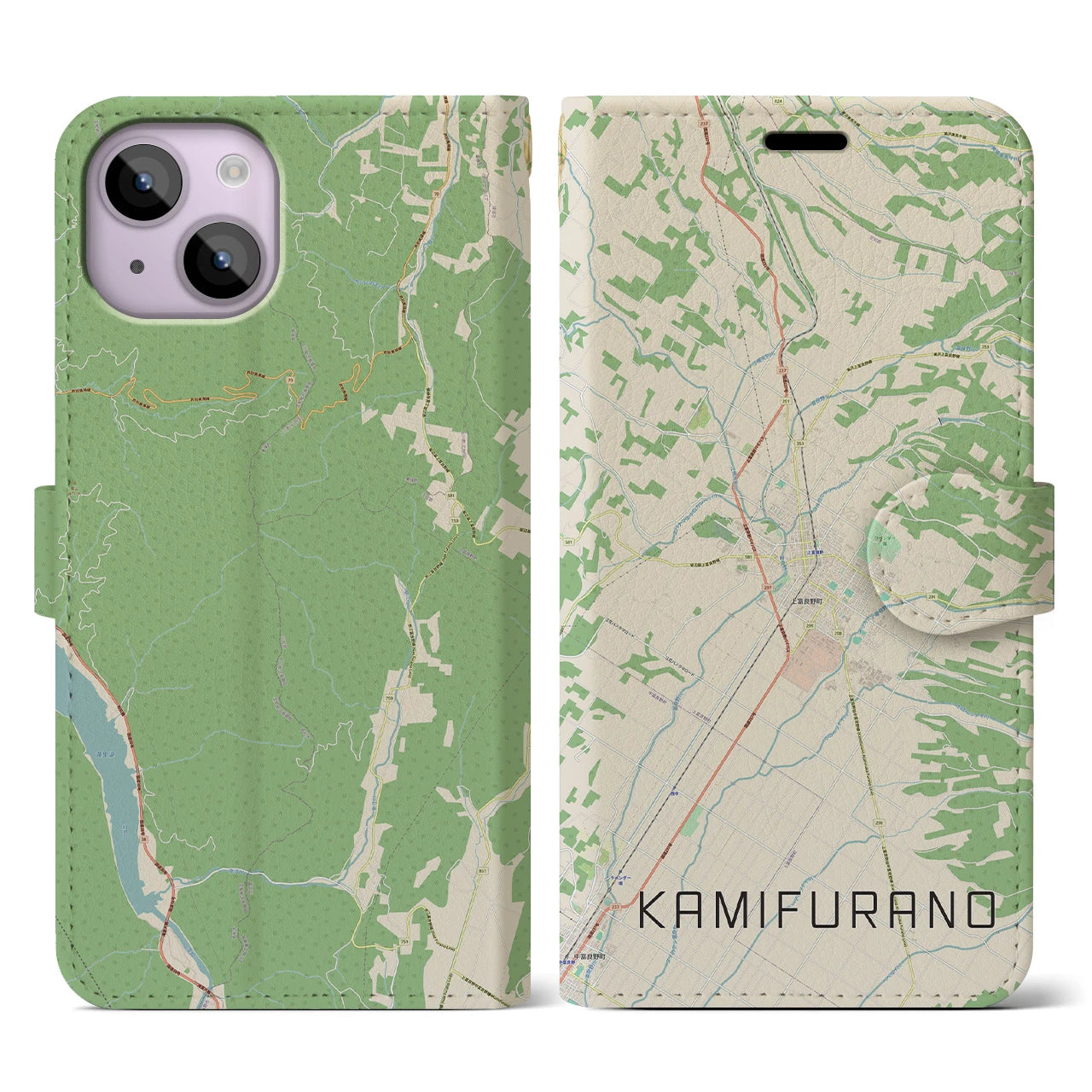 【上富良野(北海道)】地図柄iPhoneケース(手帳タイプ)ナチュラル・iPhone 14 用