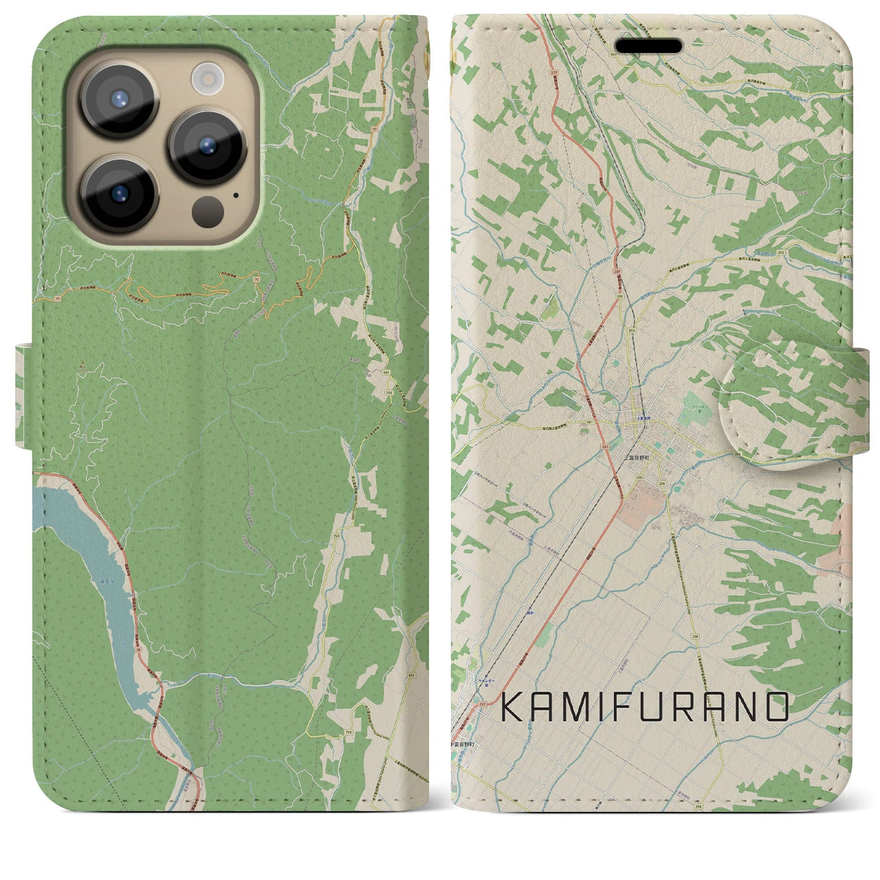 【上富良野(北海道)】地図柄iPhoneケース(手帳タイプ)ナチュラル・iPhone 14 Pro Max 用