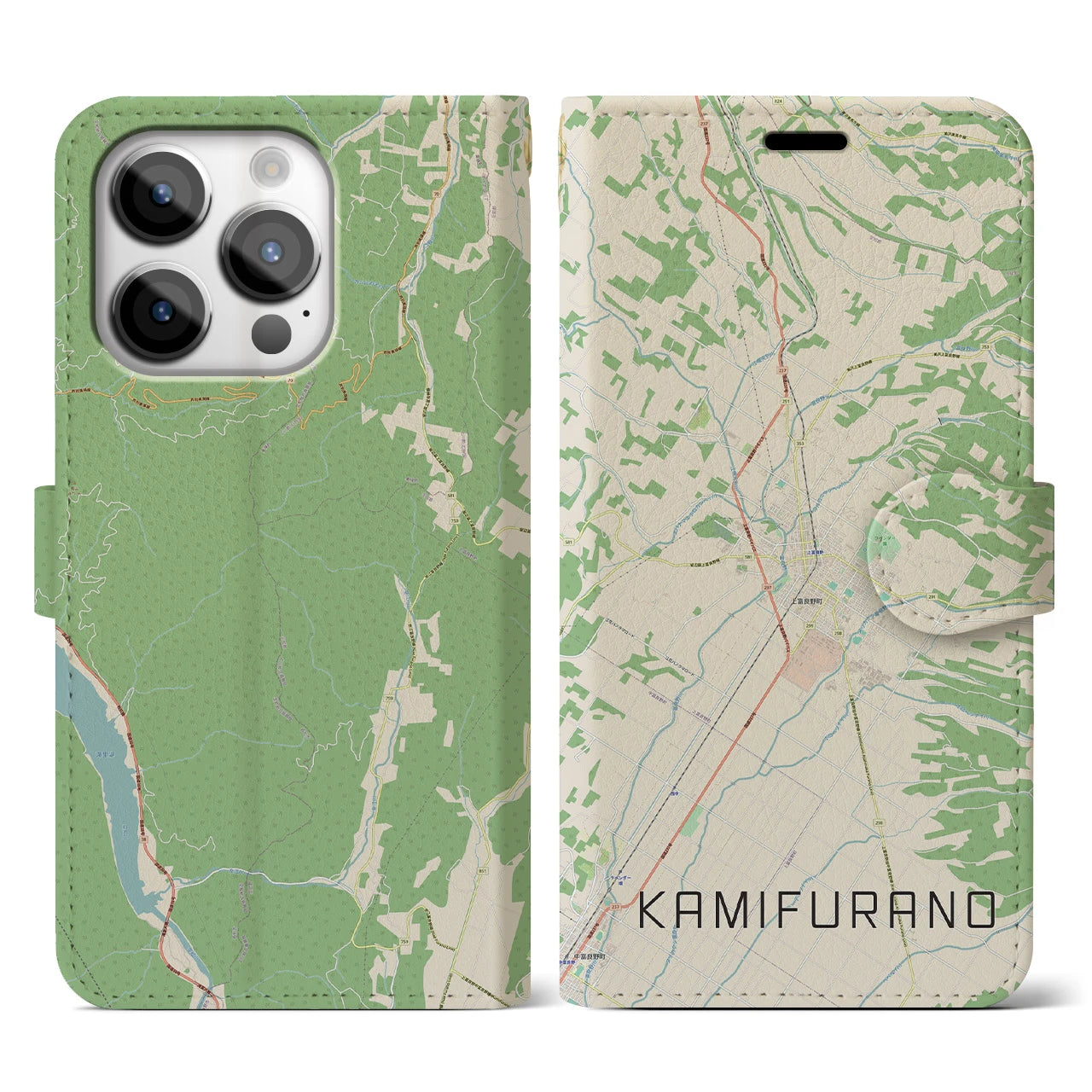 【上富良野(北海道)】地図柄iPhoneケース(手帳タイプ)ナチュラル・iPhone 14 Pro 用