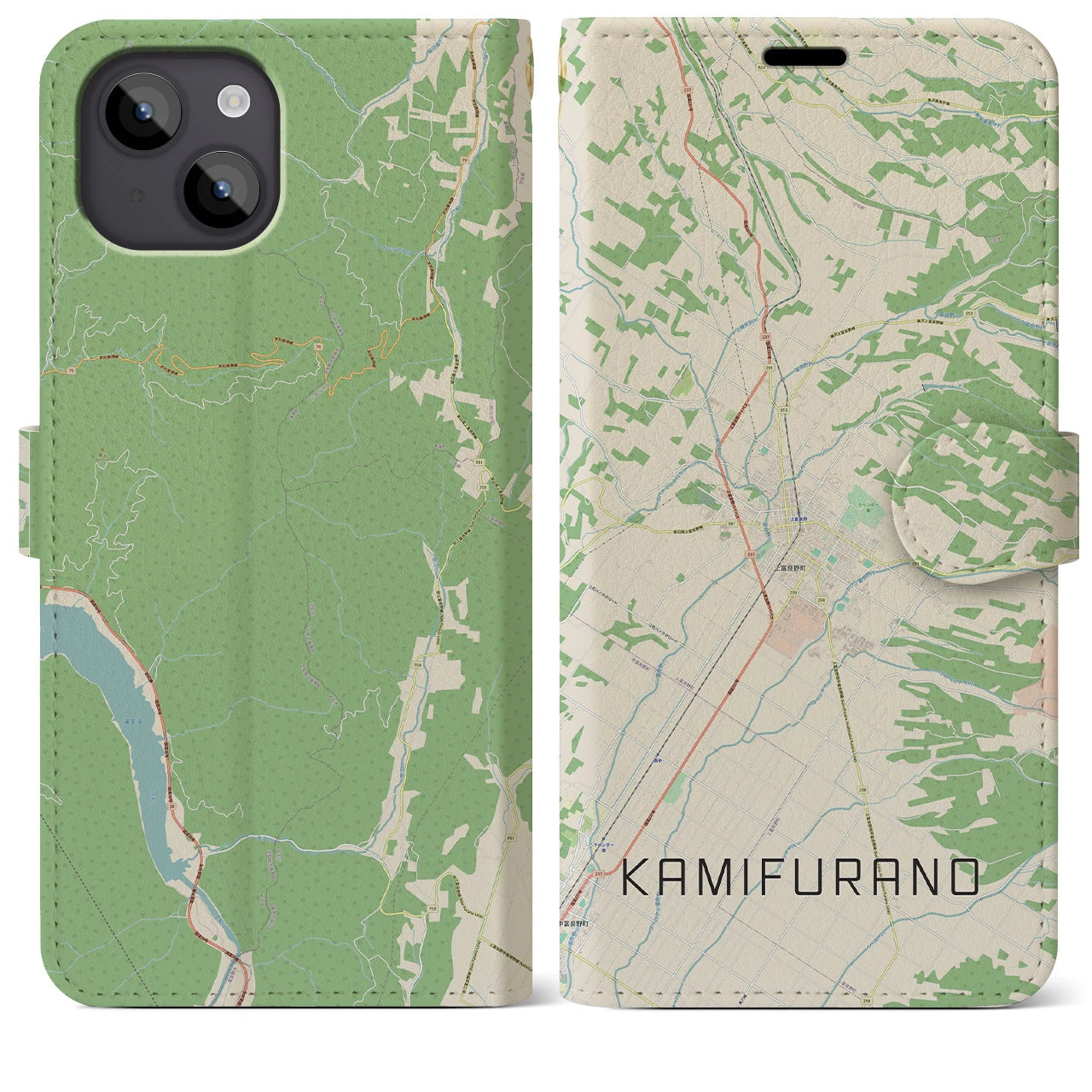 【上富良野(北海道)】地図柄iPhoneケース(手帳タイプ)ナチュラル・iPhone 14 Plus 用