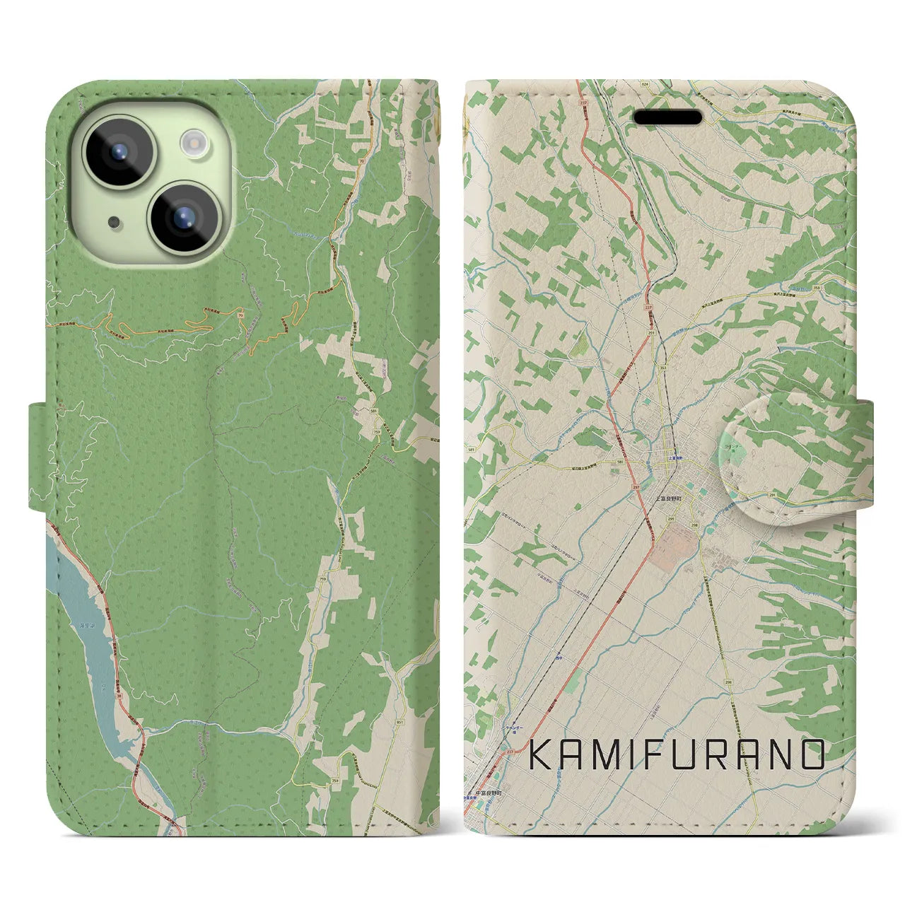 【上富良野(北海道)】地図柄iPhoneケース(手帳タイプ)ナチュラル・iPhone 15 用