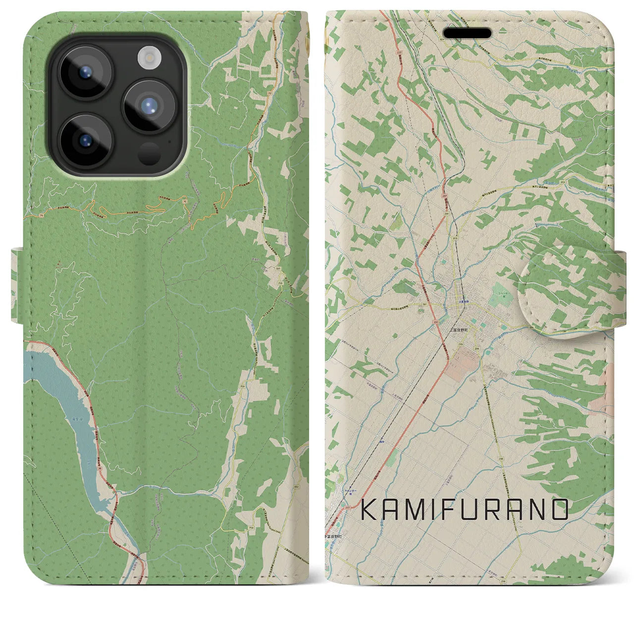 【上富良野(北海道)】地図柄iPhoneケース(手帳タイプ)ナチュラル・iPhone 15 Pro Max 用