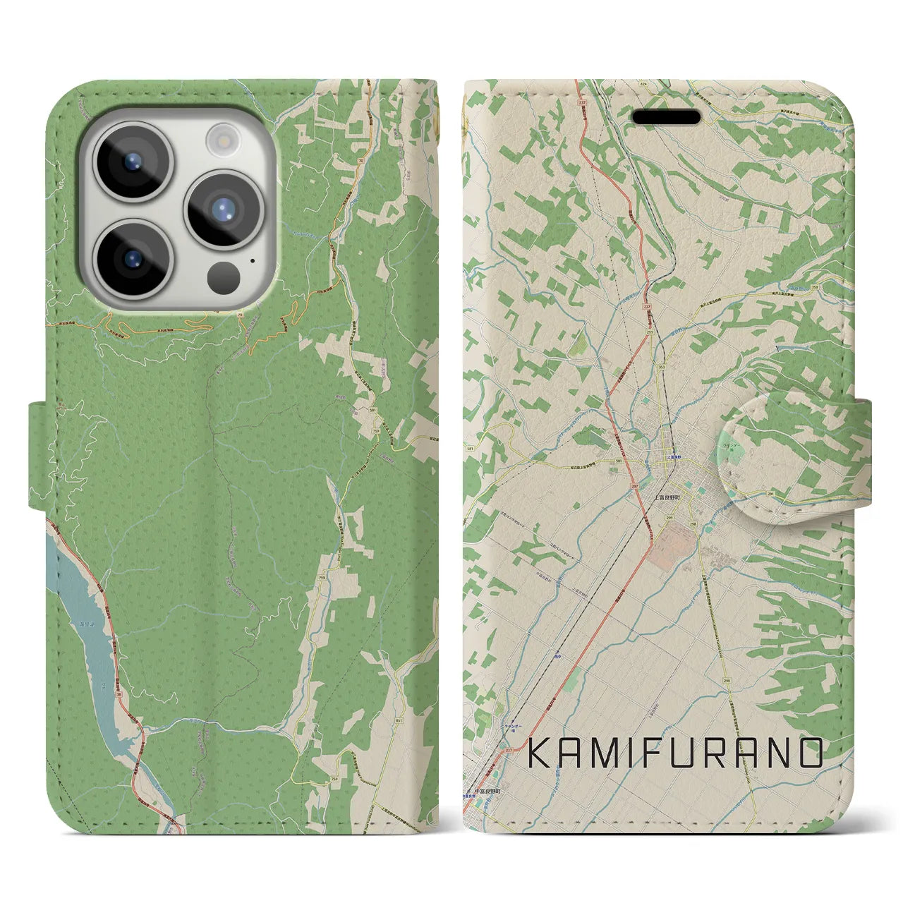 【上富良野(北海道)】地図柄iPhoneケース(手帳タイプ)ナチュラル・iPhone 15 Pro 用