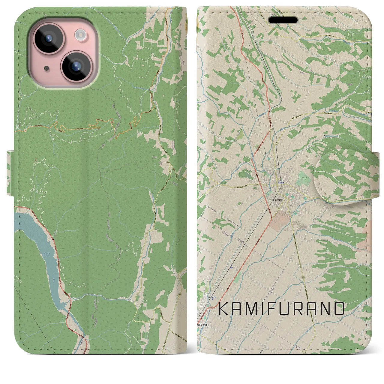 【上富良野(北海道)】地図柄iPhoneケース(手帳タイプ)ナチュラル・iPhone 15 Plus 用