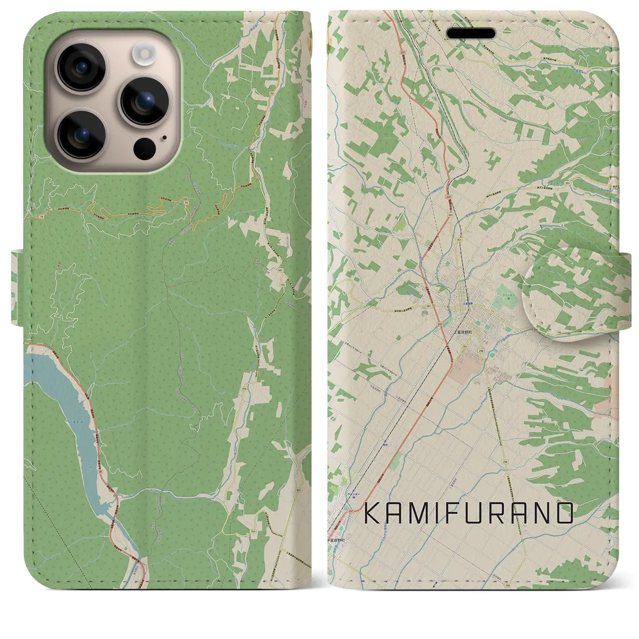 【上富良野(北海道)】地図柄iPhoneケース(手帳タイプ)ナチュラル・iPhone 16 Plus 用