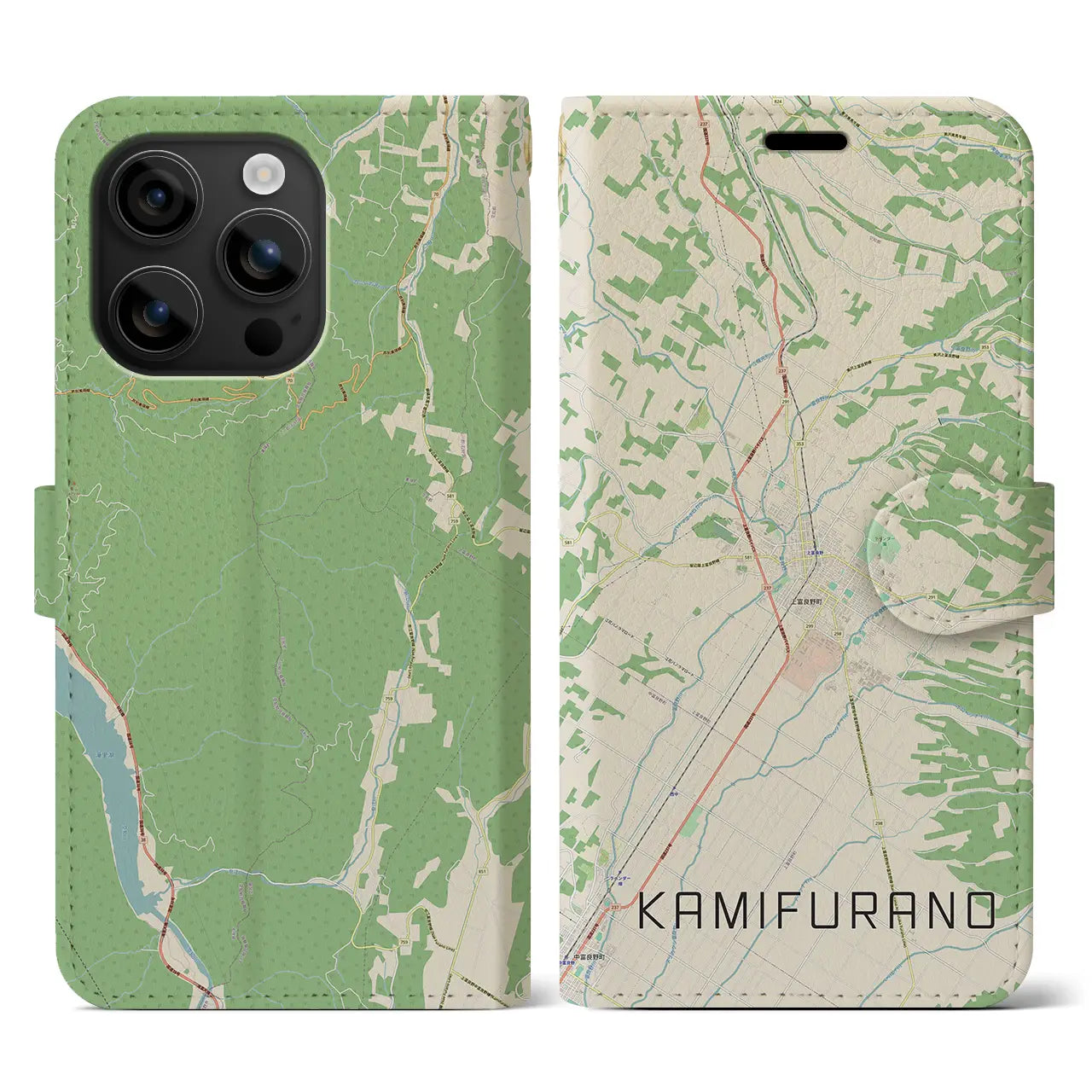 【上富良野(北海道)】地図柄iPhoneケース(手帳タイプ)ナチュラル・iPhone 16 用