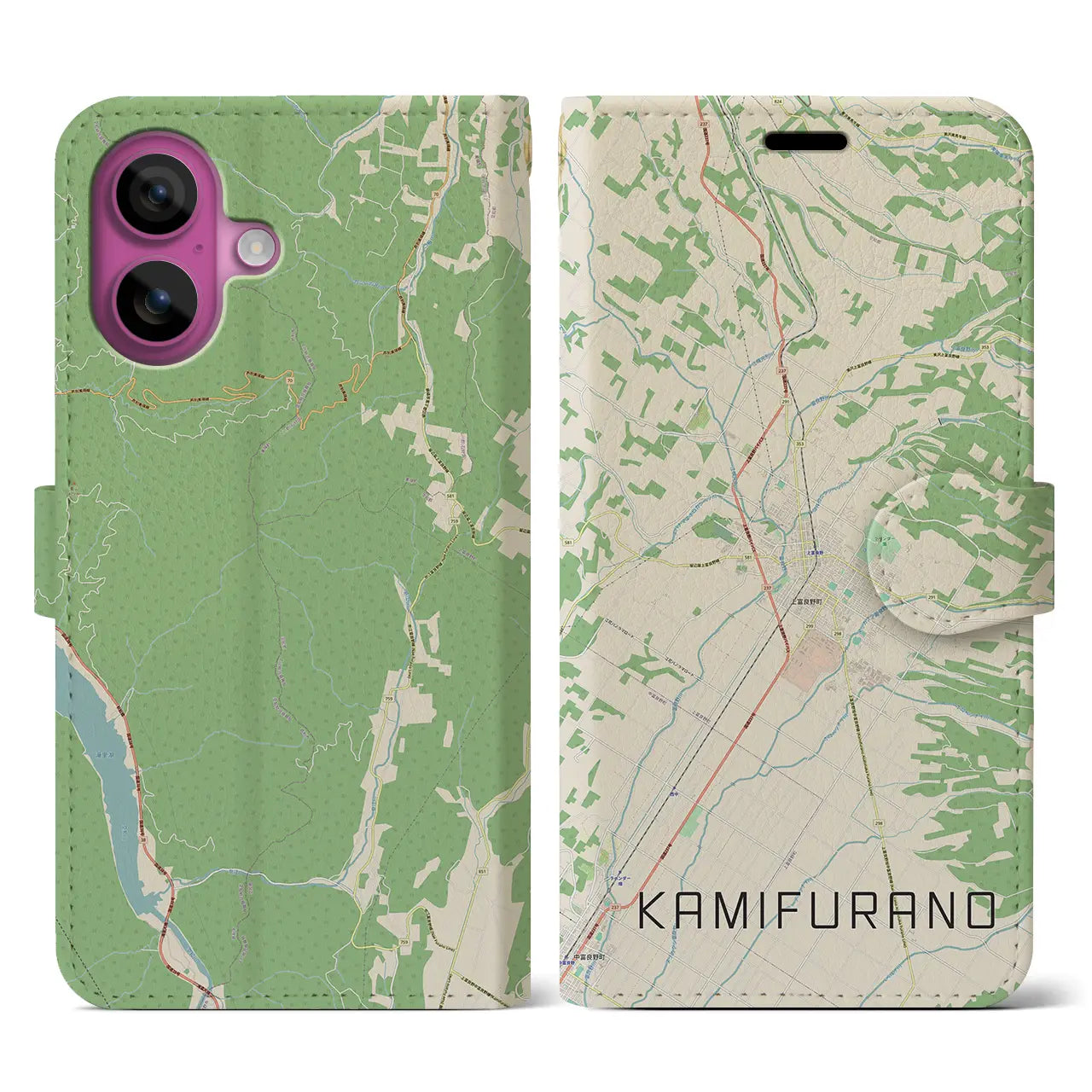 【上富良野(北海道)】地図柄iPhoneケース(手帳タイプ)ナチュラル・iPhone 16 Pro 用