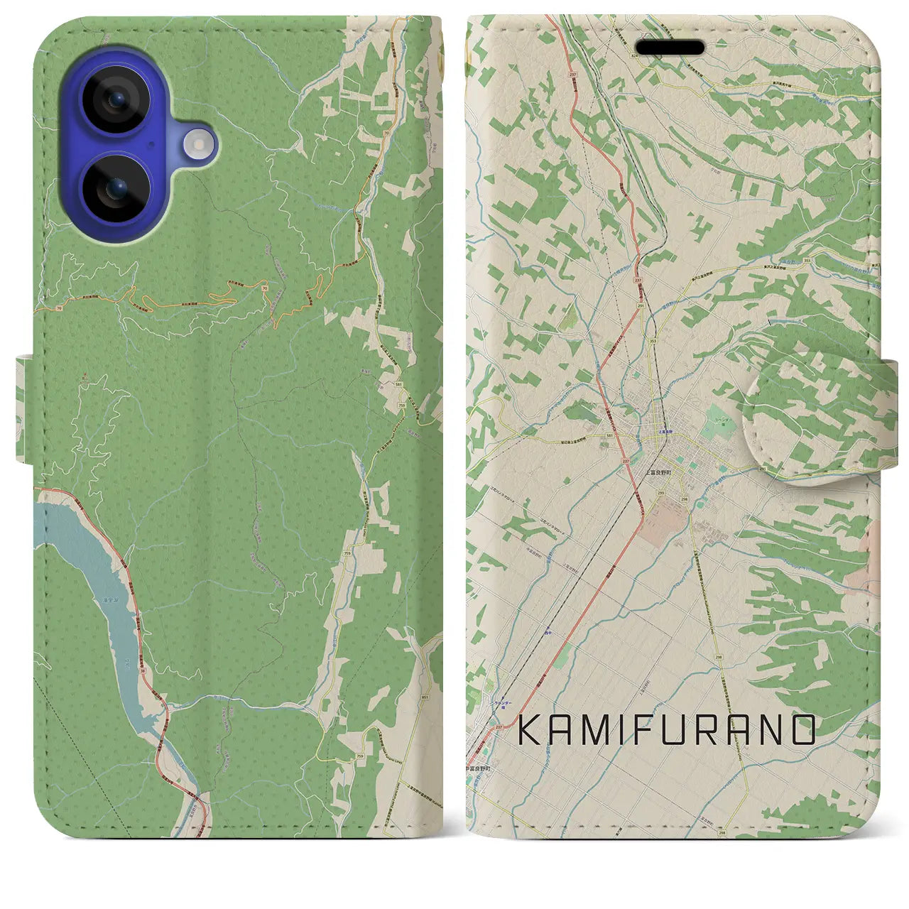 【上富良野(北海道)】地図柄iPhoneケース(手帳タイプ)ナチュラル・iPhone 16 Pro Max 用