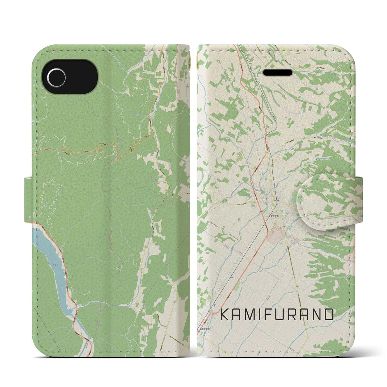 【上富良野(北海道)】地図柄iPhoneケース(手帳タイプ)ナチュラル・iPhone SE(第3 / 第2世代) / 8 / 7 / 6s / 6 用
