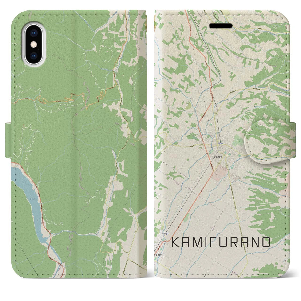 【上富良野(北海道)】地図柄iPhoneケース(手帳タイプ)ナチュラル・iPhone XS Max 用