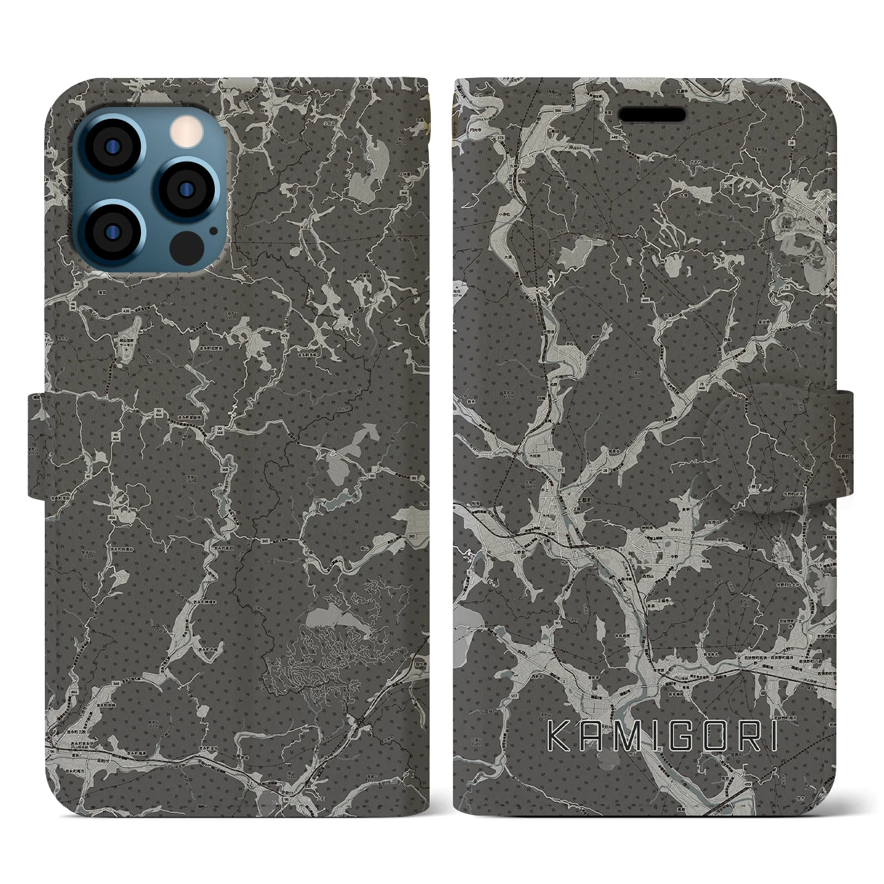 【上郡(兵庫県)】地図柄iPhoneケース(手帳タイプ)モノトーン・iPhone 12 / 12 Pro 用