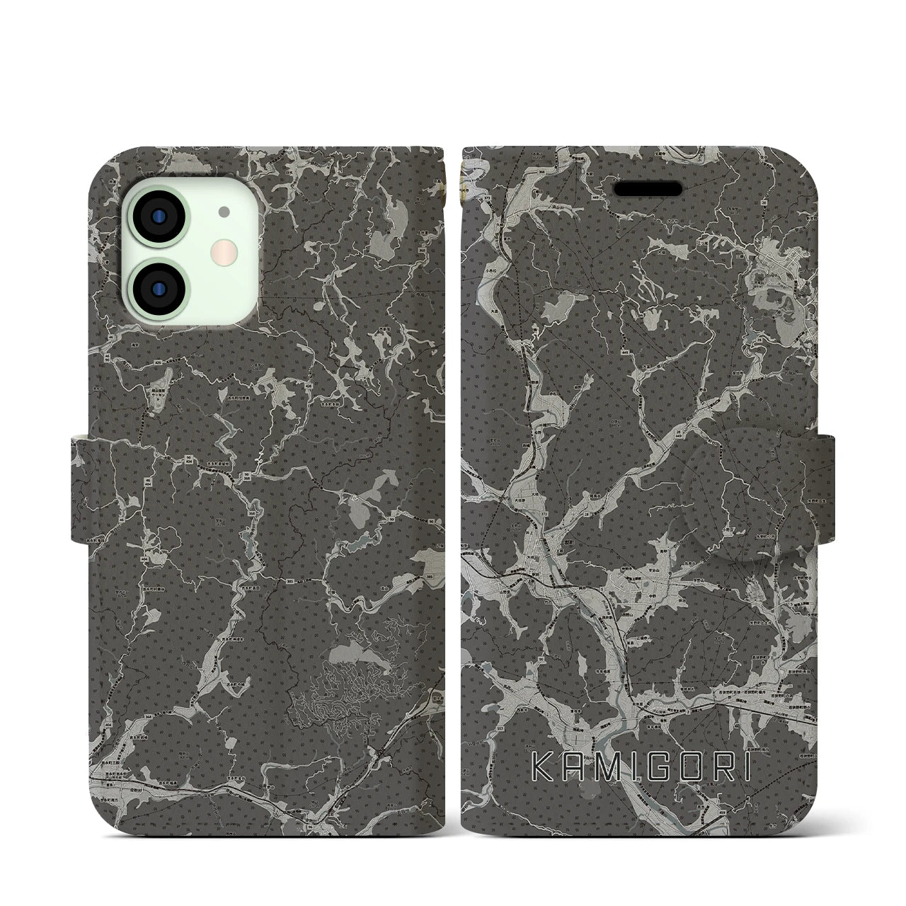 【上郡(兵庫県)】地図柄iPhoneケース(手帳タイプ)モノトーン・iPhone 12 mini 用