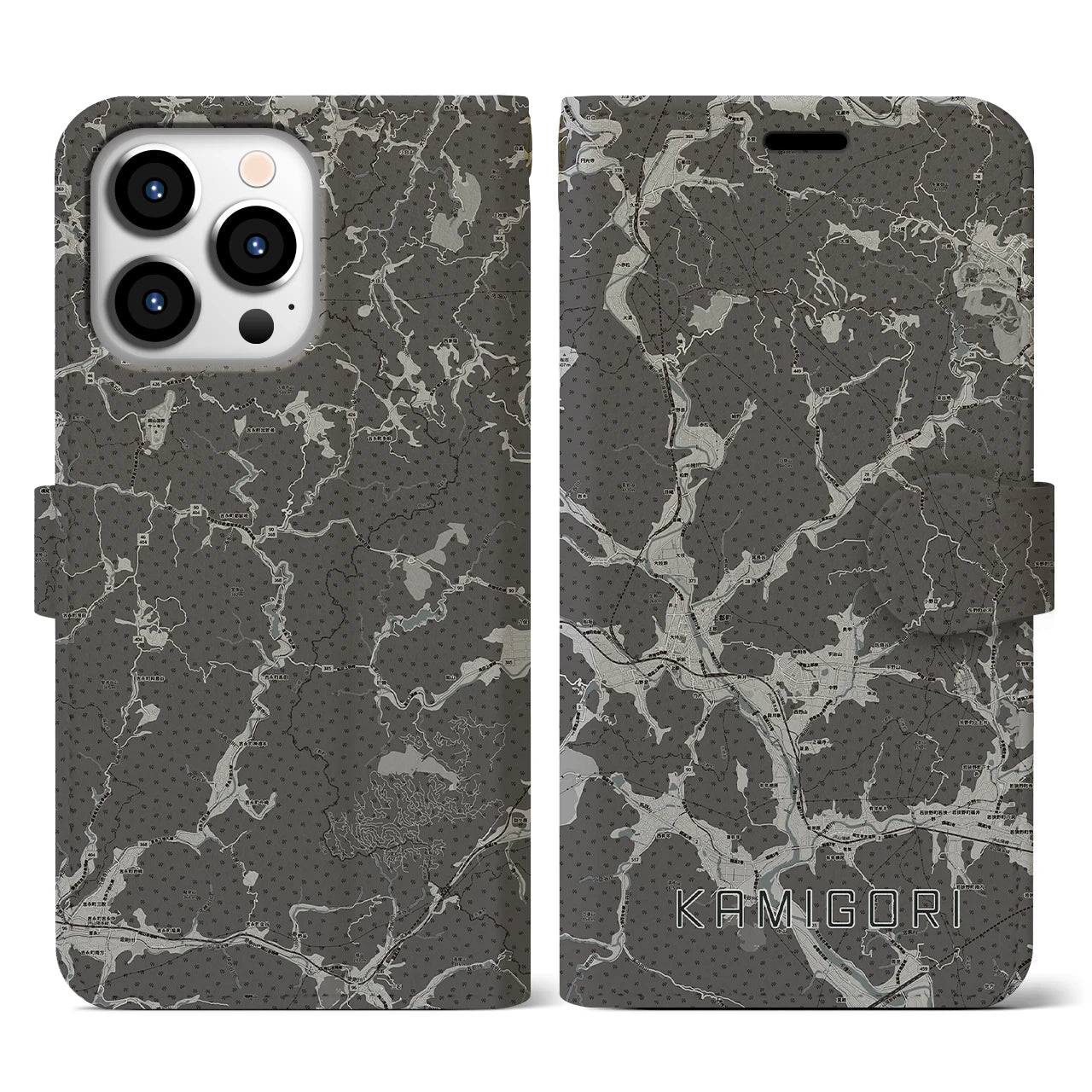 【上郡(兵庫県)】地図柄iPhoneケース(手帳タイプ)モノトーン・iPhone 13 Pro 用