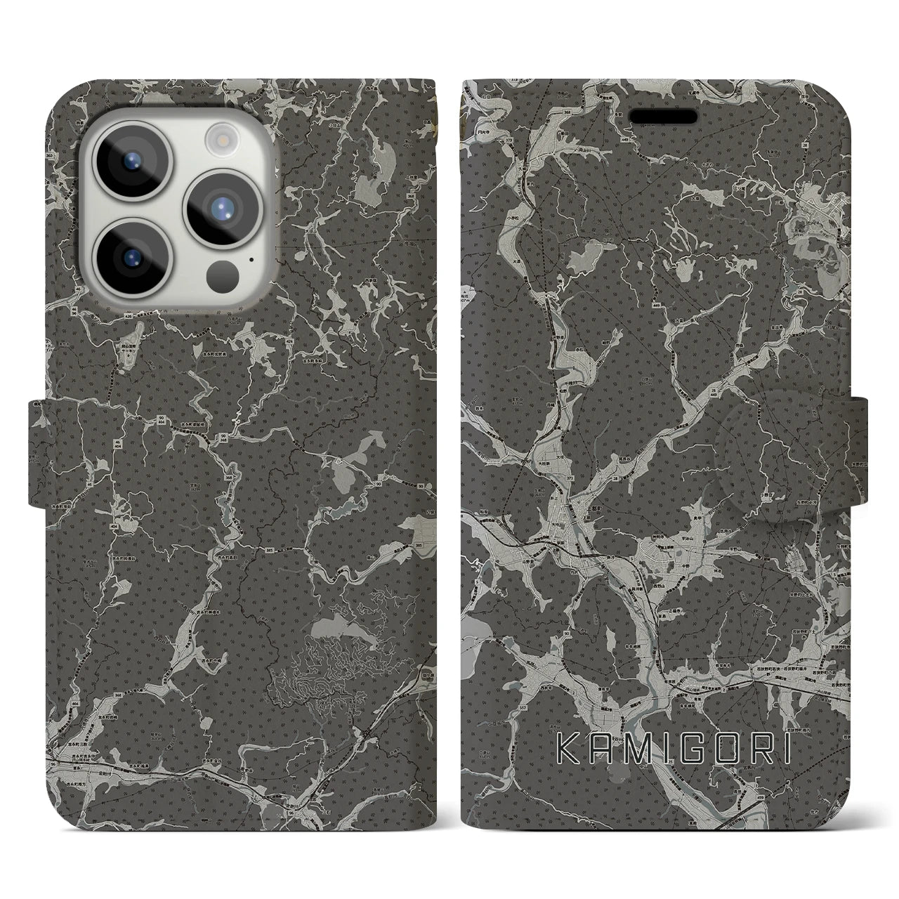 【上郡(兵庫県)】地図柄iPhoneケース(手帳タイプ)モノトーン・iPhone 15 Pro 用