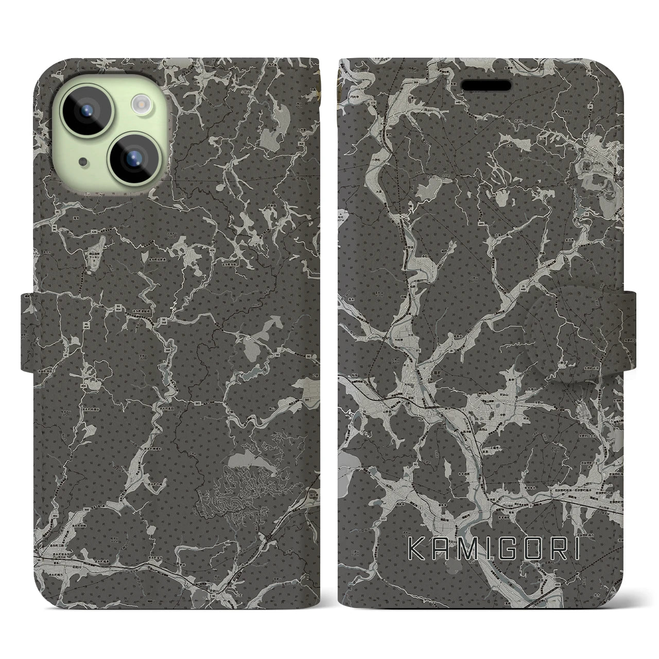 【上郡(兵庫県)】地図柄iPhoneケース(手帳タイプ)モノトーン・iPhone 15 用
