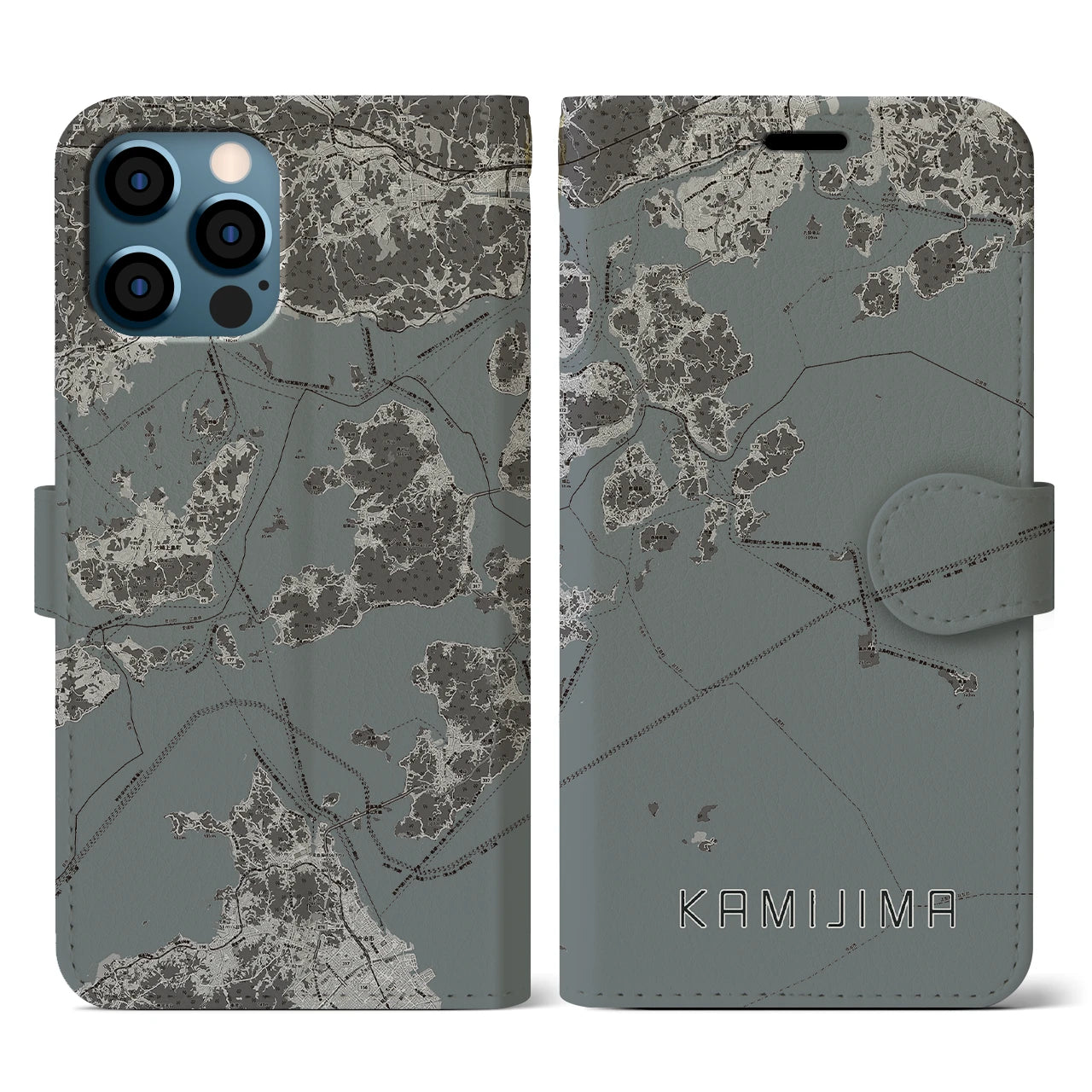 【上島(愛媛県)】地図柄iPhoneケース(手帳タイプ)モノトーン・iPhone 12 / 12 Pro 用