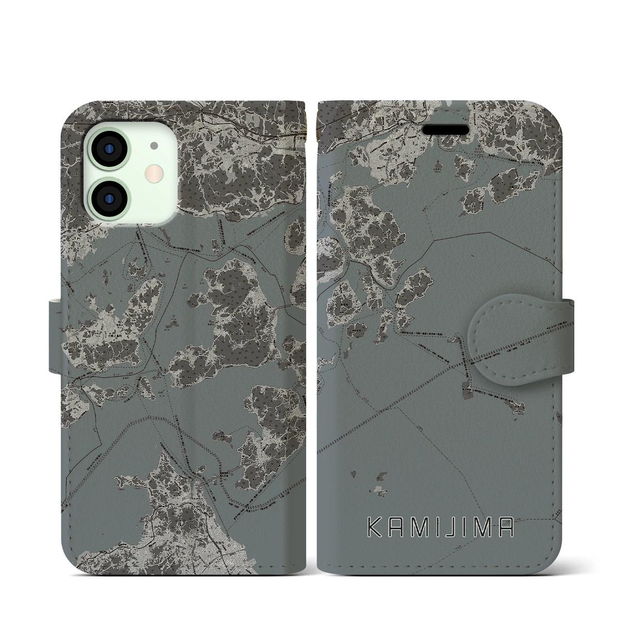 【上島(愛媛県)】地図柄iPhoneケース(手帳タイプ)モノトーン・iPhone 12 mini 用