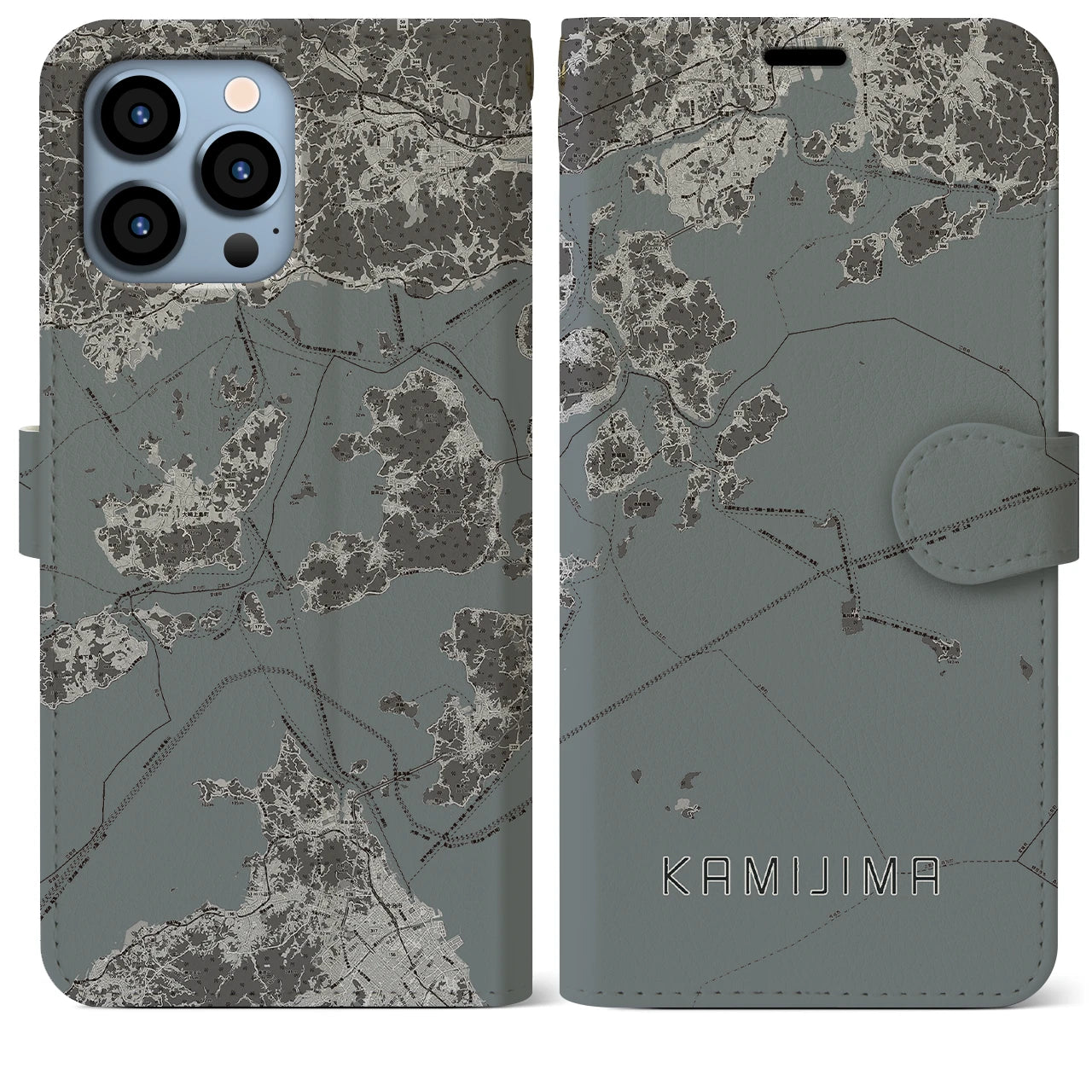 【上島(愛媛県)】地図柄iPhoneケース(手帳タイプ)モノトーン・iPhone 13 Pro Max 用