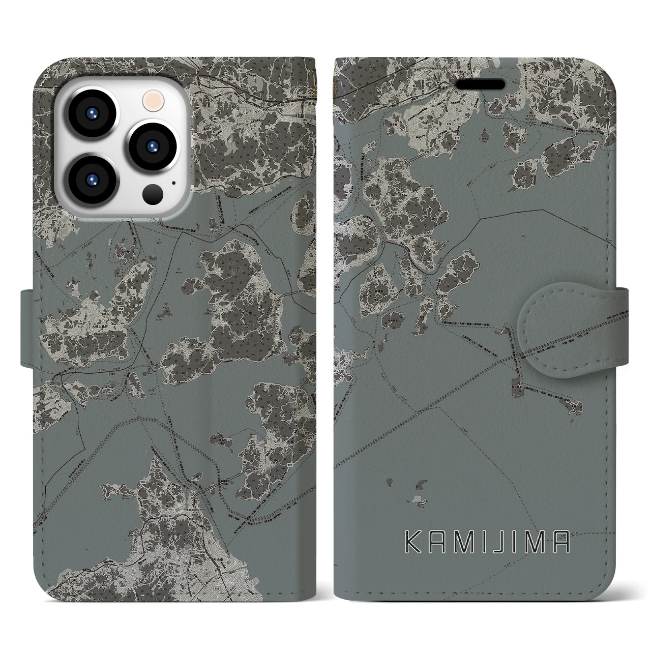 【上島(愛媛県)】地図柄iPhoneケース(手帳タイプ)モノトーン・iPhone 13 Pro 用