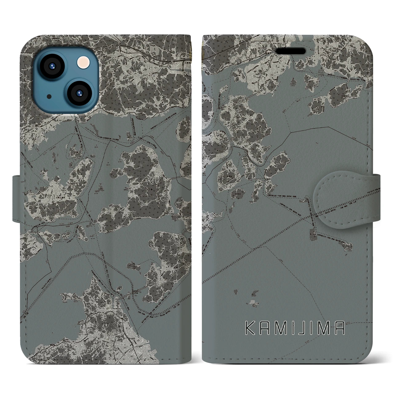 【上島(愛媛県)】地図柄iPhoneケース(手帳タイプ)モノトーン・iPhone 13 用