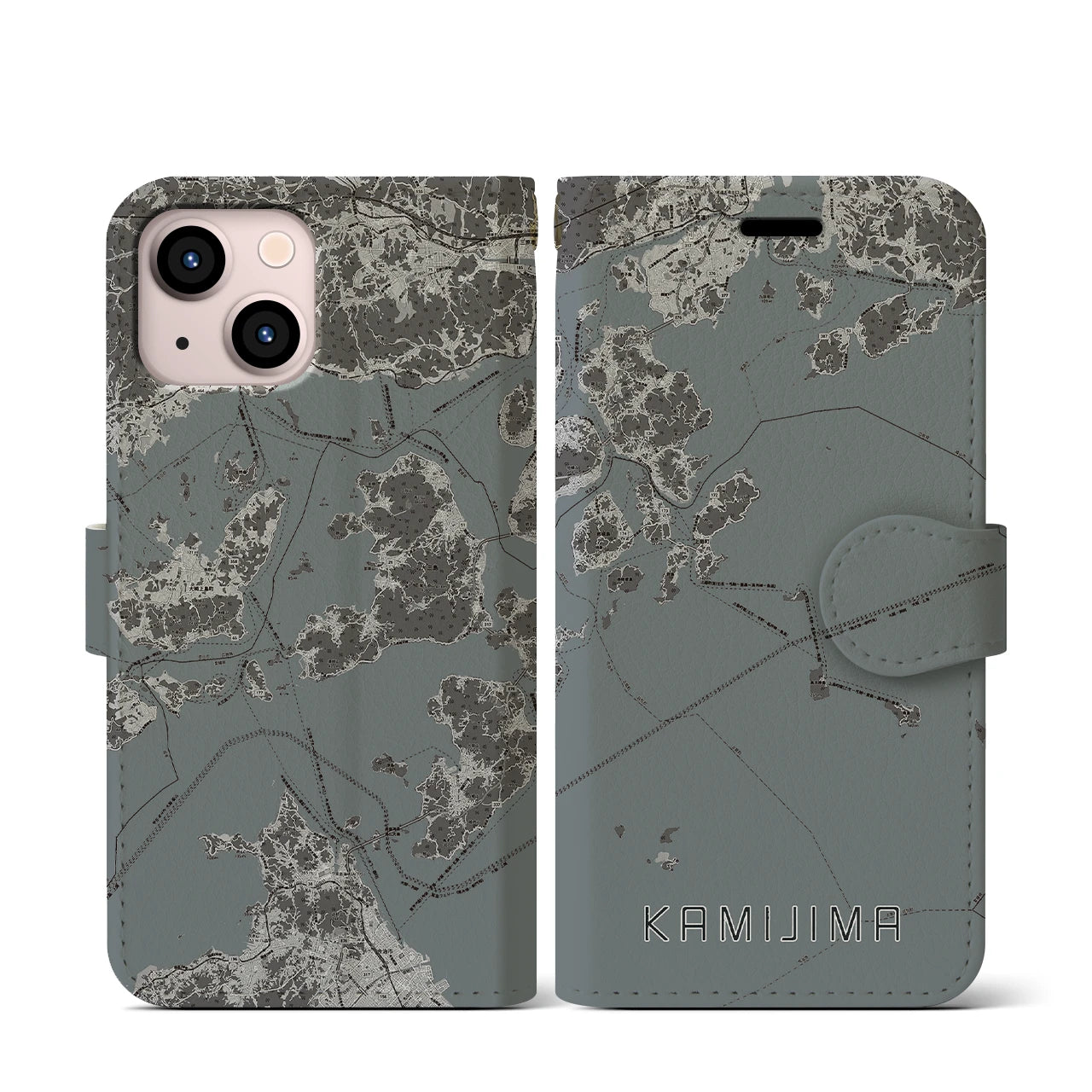 【上島(愛媛県)】地図柄iPhoneケース(手帳タイプ)モノトーン・iPhone 13 mini 用