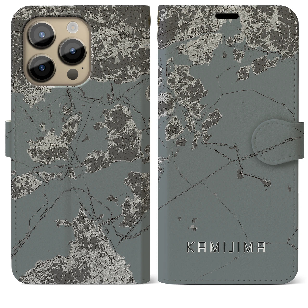 【上島(愛媛県)】地図柄iPhoneケース(手帳タイプ)モノトーン・iPhone 14 Pro Max 用