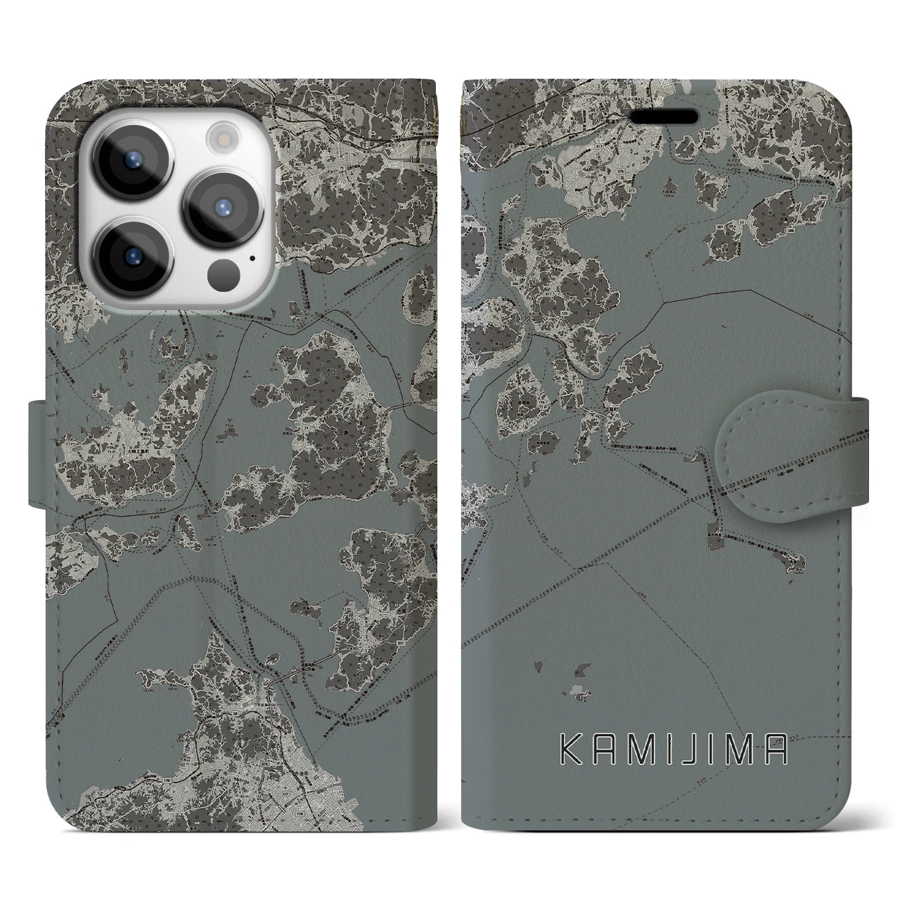 【上島(愛媛県)】地図柄iPhoneケース(手帳タイプ)モノトーン・iPhone 14 Pro 用