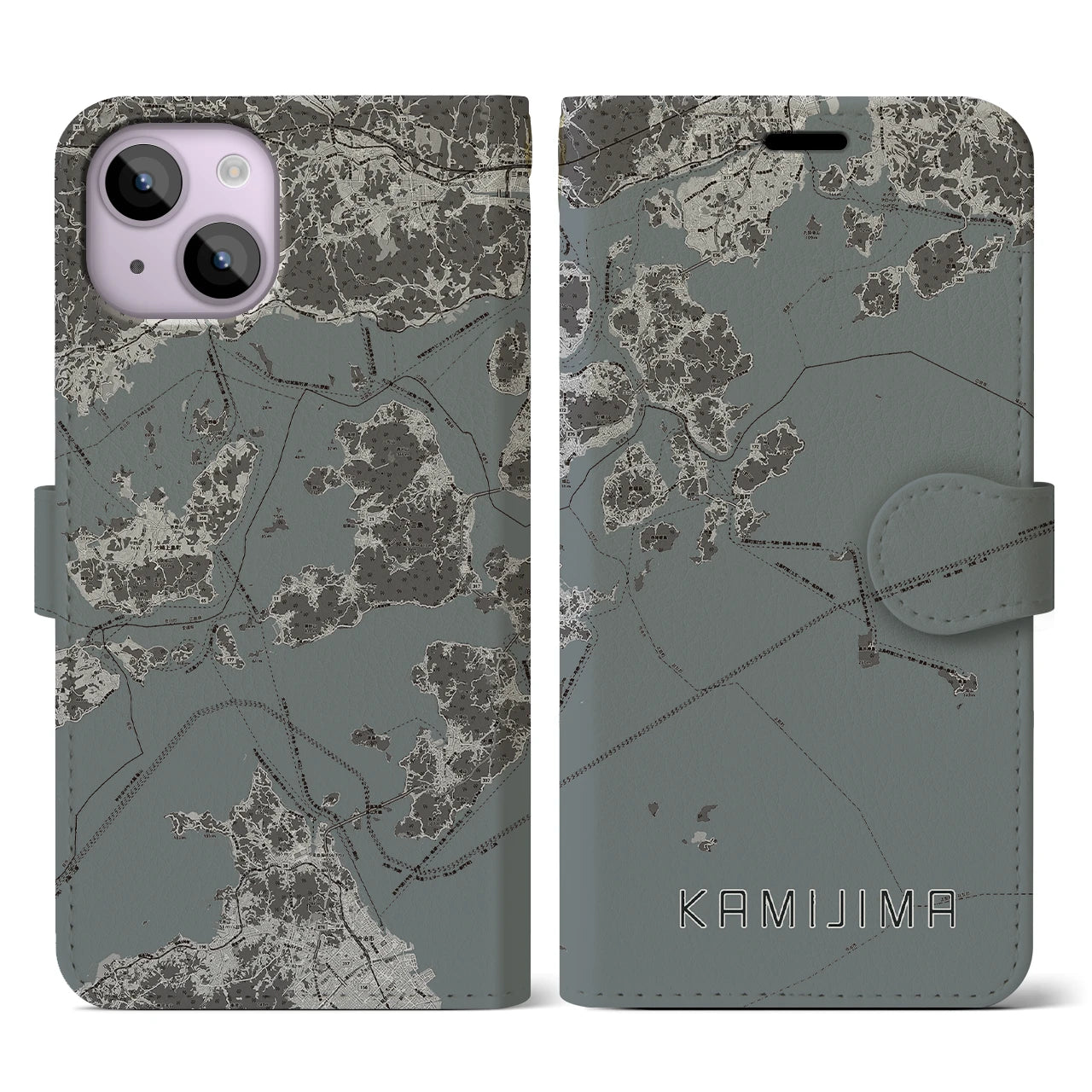 【上島(愛媛県)】地図柄iPhoneケース(手帳タイプ)モノトーン・iPhone 14 用