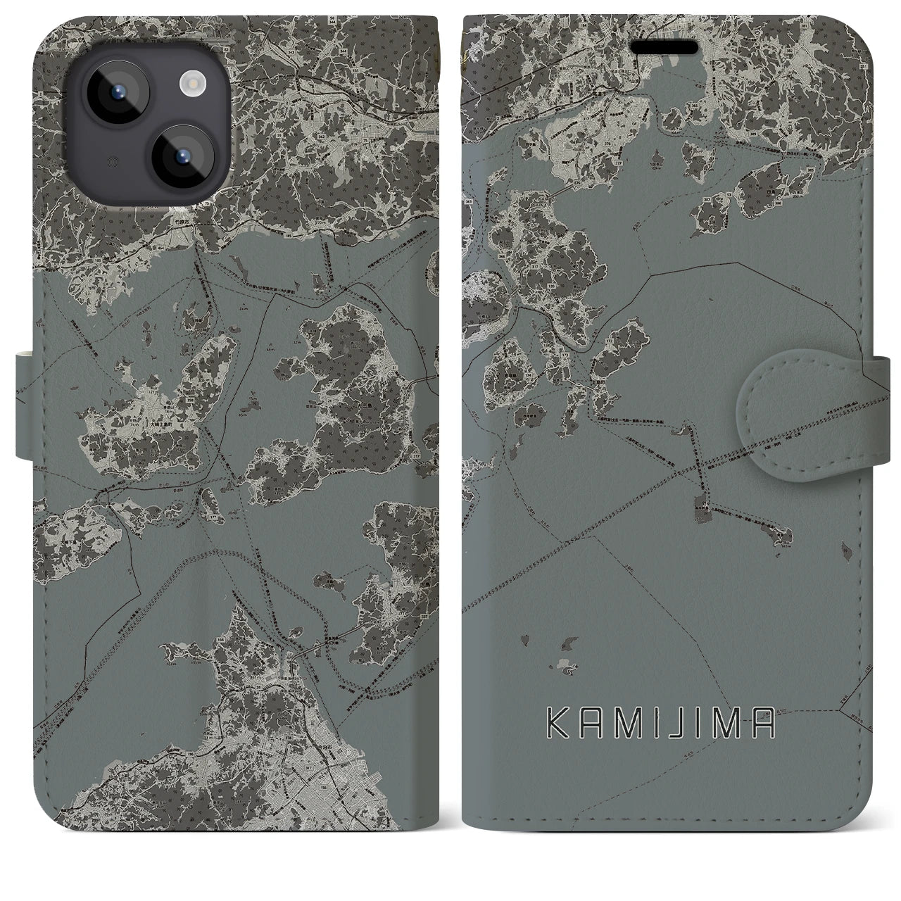 【上島(愛媛県)】地図柄iPhoneケース(手帳タイプ)モノトーン・iPhone 14 Plus 用