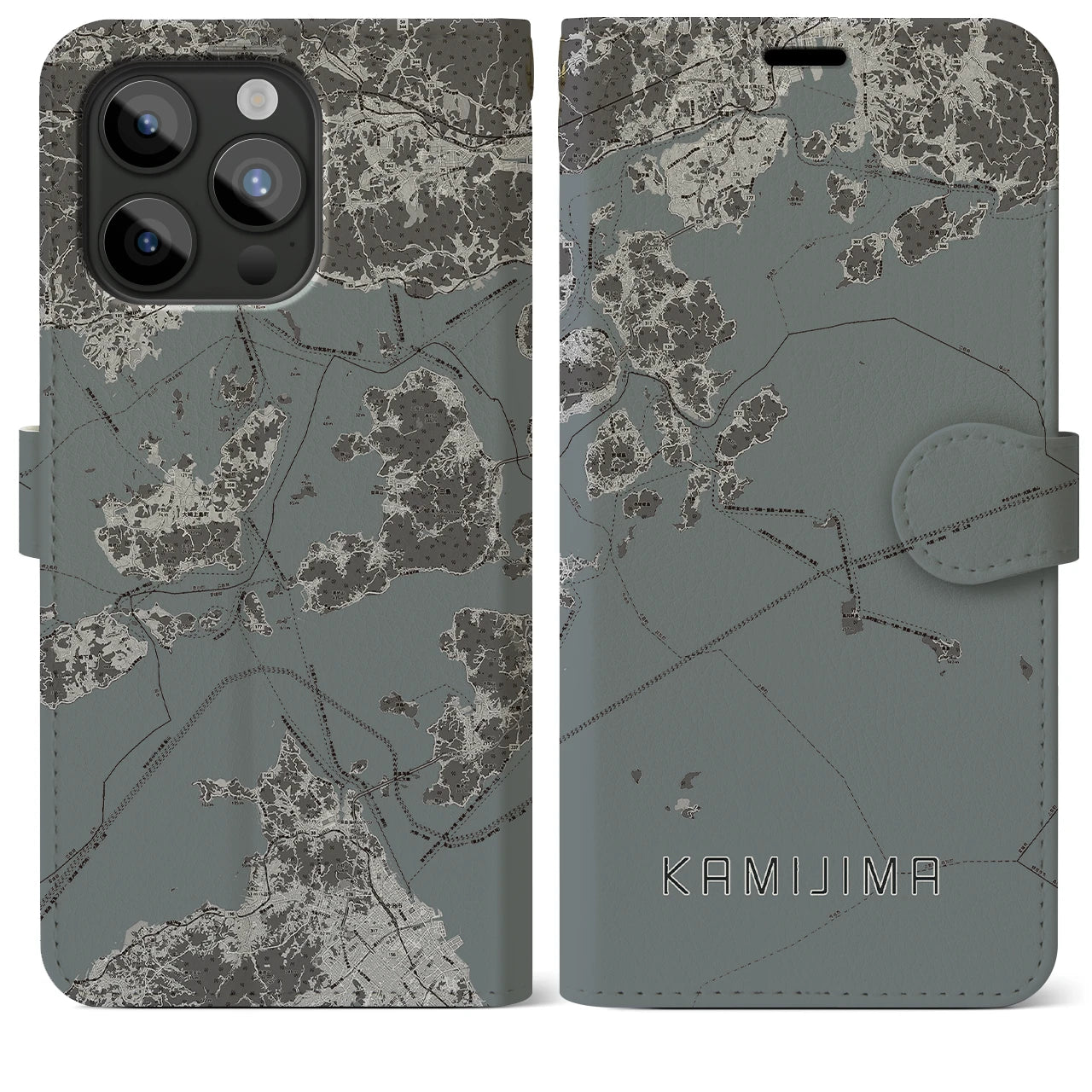 【上島(愛媛県)】地図柄iPhoneケース(手帳タイプ)モノトーン・iPhone 15 Pro Max 用