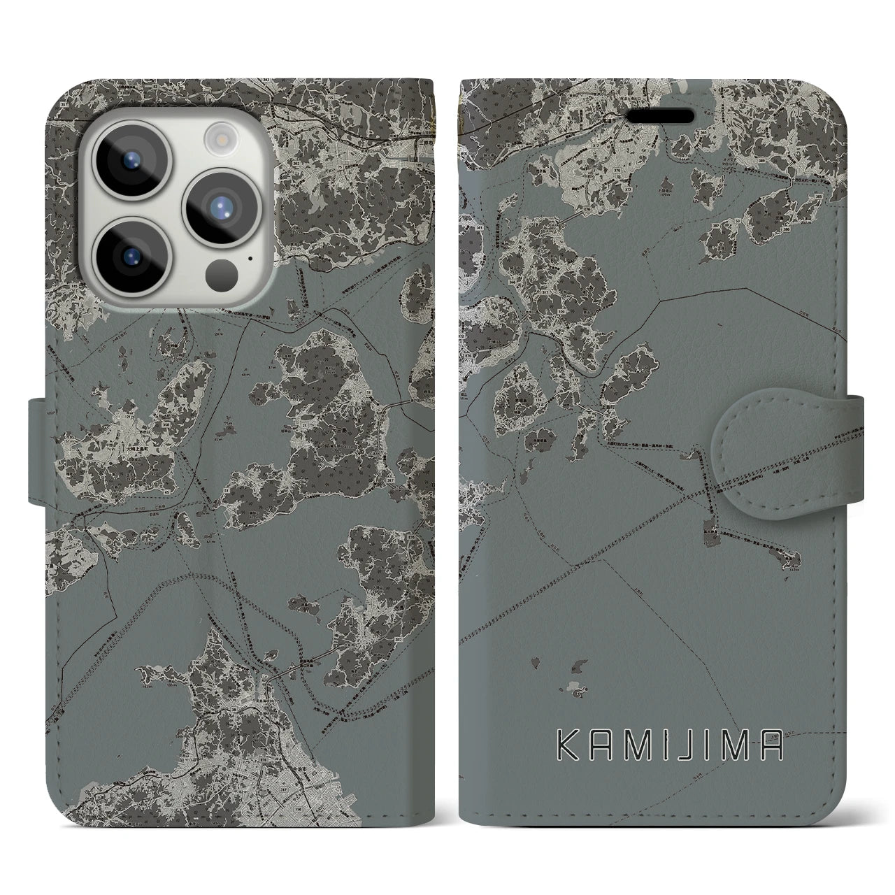 【上島(愛媛県)】地図柄iPhoneケース(手帳タイプ)モノトーン・iPhone 15 Pro 用