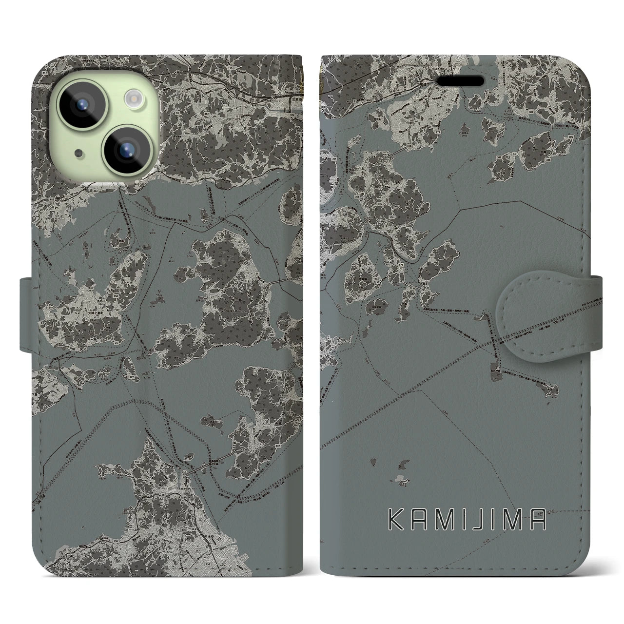 【上島(愛媛県)】地図柄iPhoneケース(手帳タイプ)モノトーン・iPhone 15 用