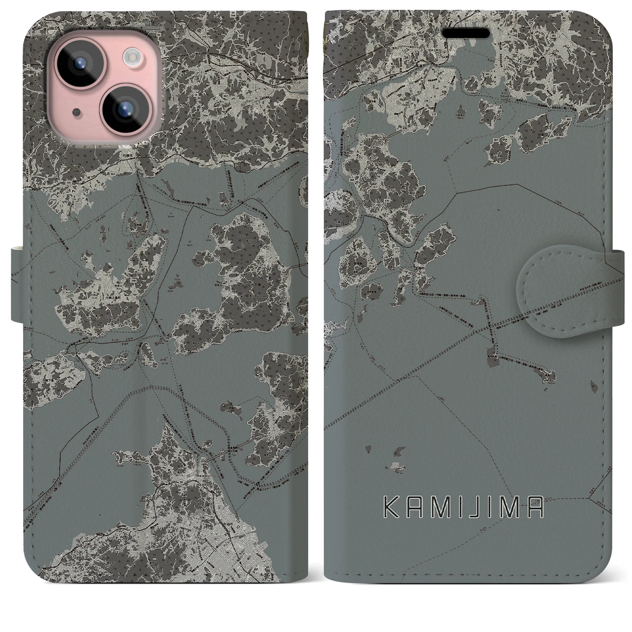 【上島(愛媛県)】地図柄iPhoneケース(手帳タイプ)モノトーン・iPhone 15 Plus 用