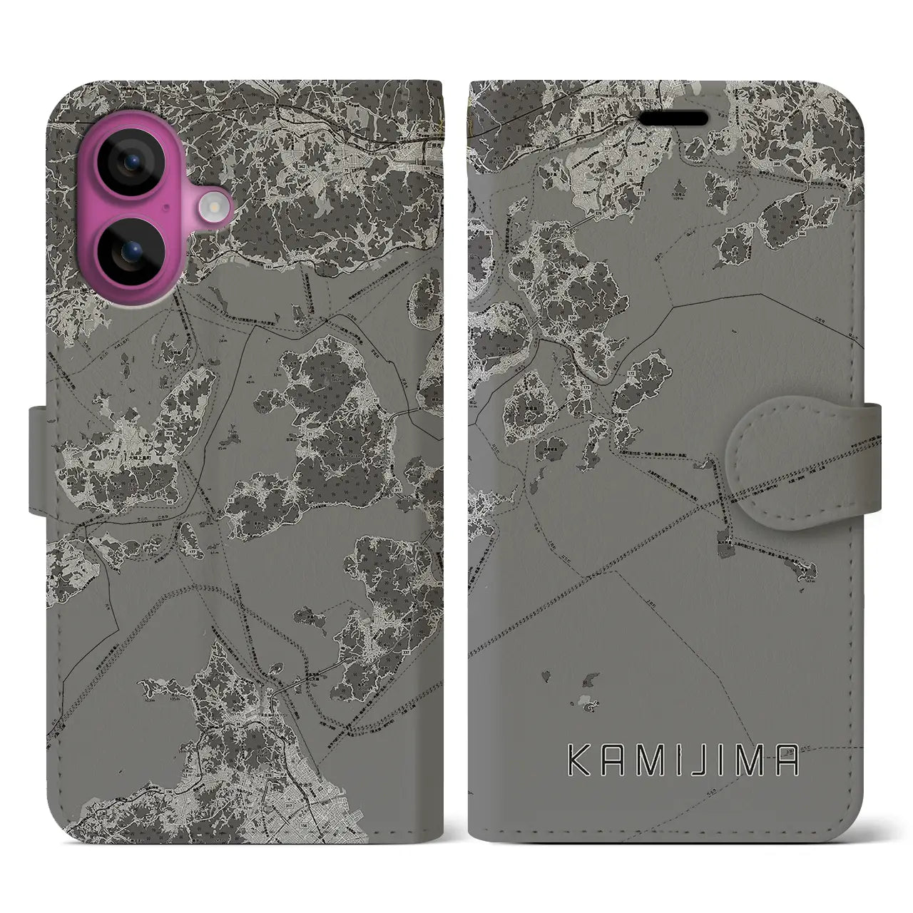 【上島(愛媛県)】地図柄iPhoneケース(手帳タイプ)モノトーン・iPhone 16 Pro 用