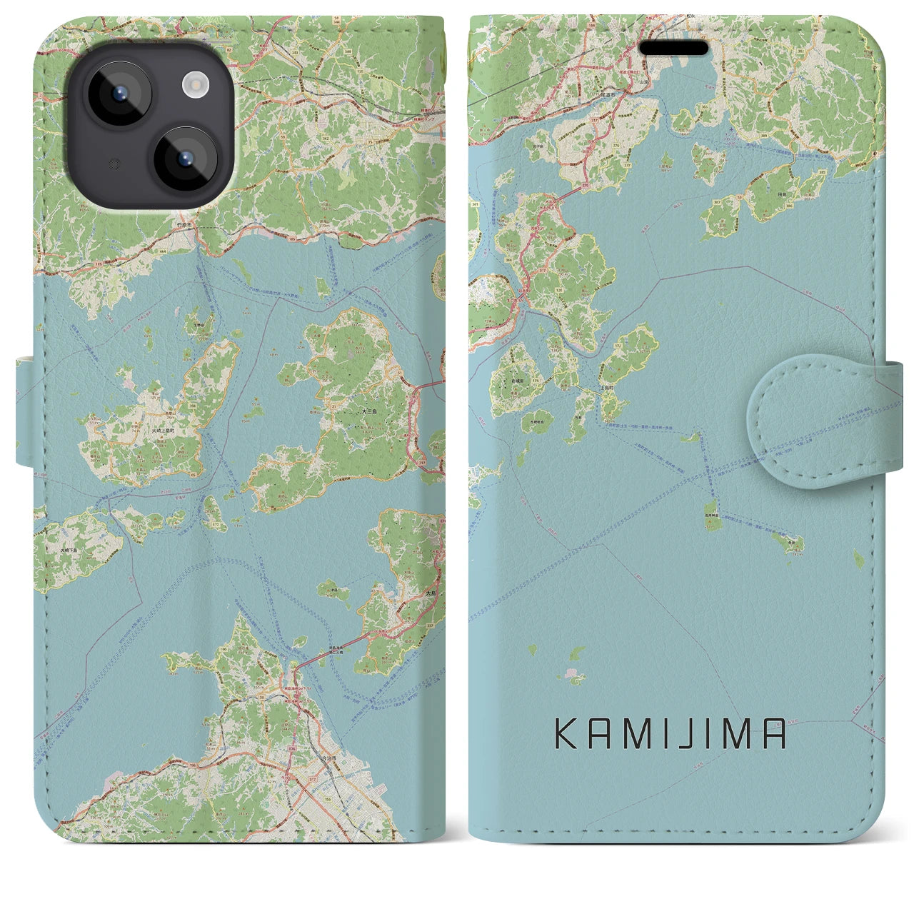 【上島(愛媛県)】地図柄iPhoneケース(手帳タイプ)ナチュラル・iPhone 14 Plus 用