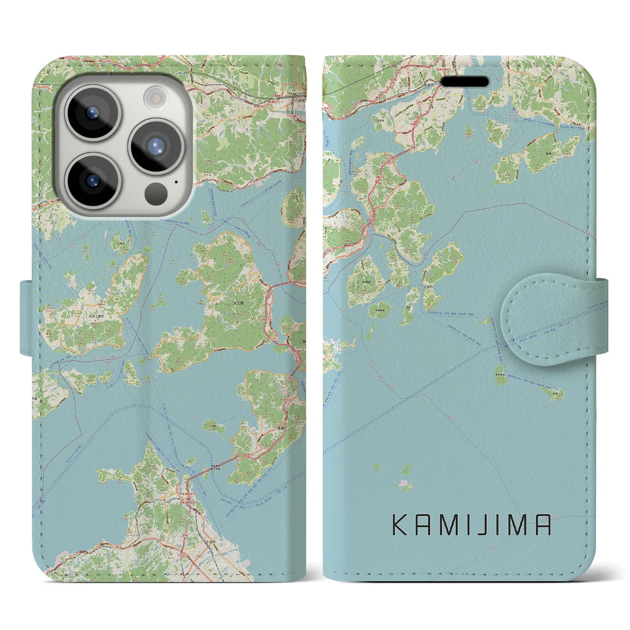 【上島(愛媛県)】地図柄iPhoneケース(手帳タイプ)ナチュラル・iPhone 15 Pro 用