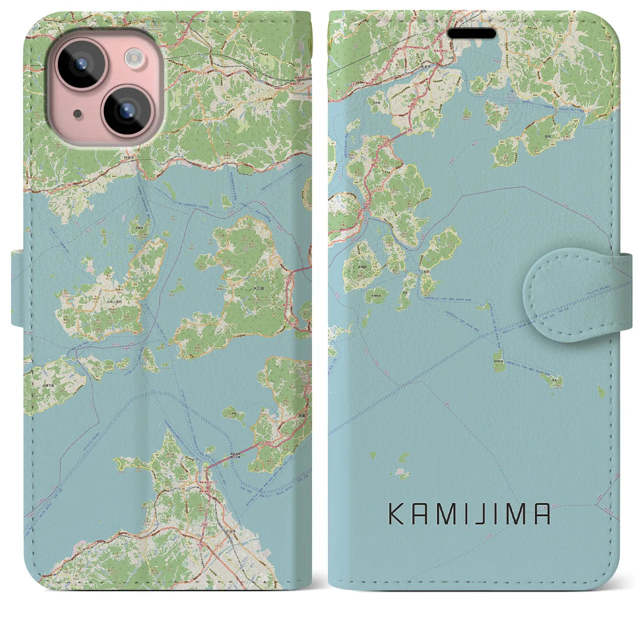 【上島(愛媛県)】地図柄iPhoneケース(手帳タイプ)ナチュラル・iPhone 15 Plus 用