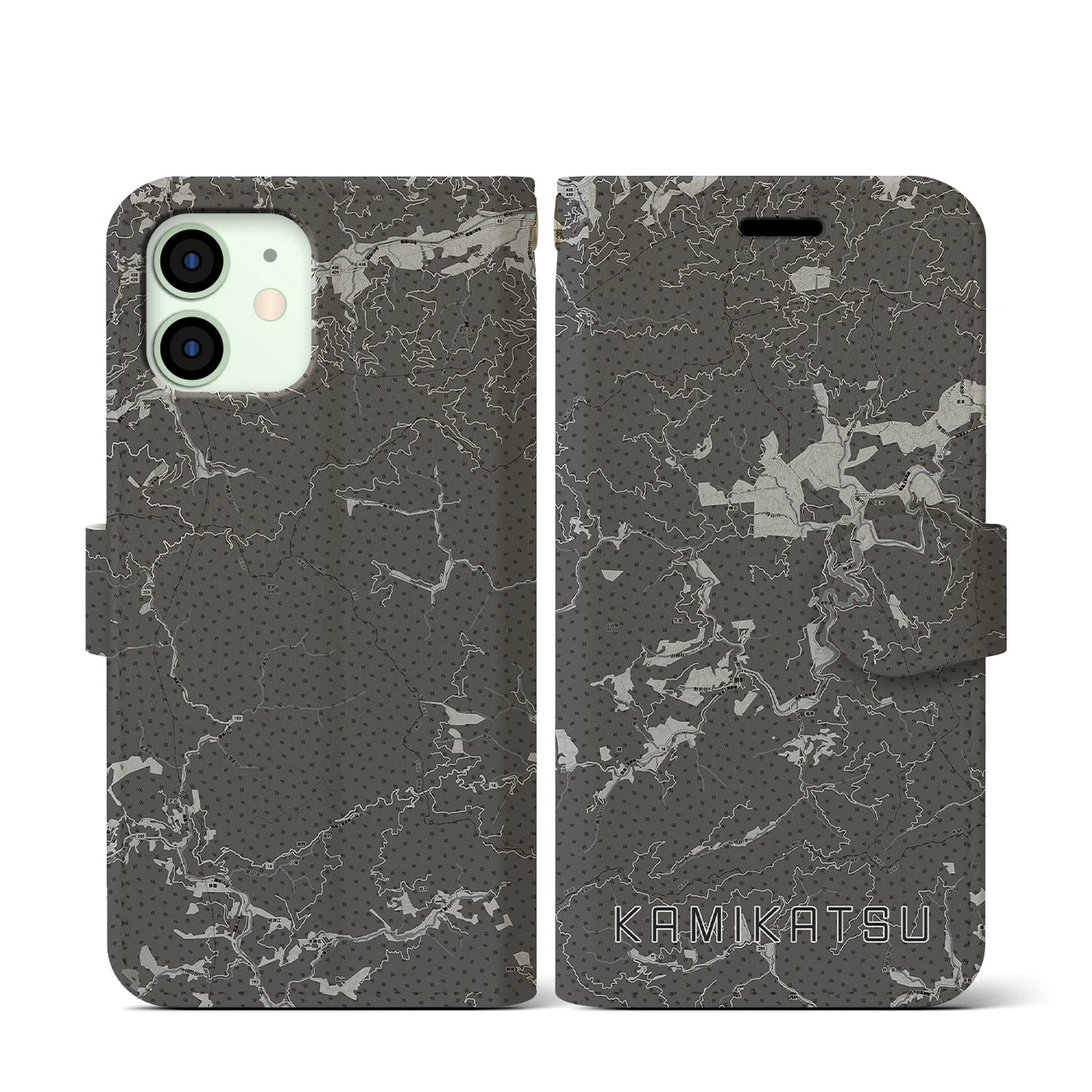【上勝(徳島県)】地図柄iPhoneケース(手帳タイプ)モノトーン・iPhone 12 mini 用