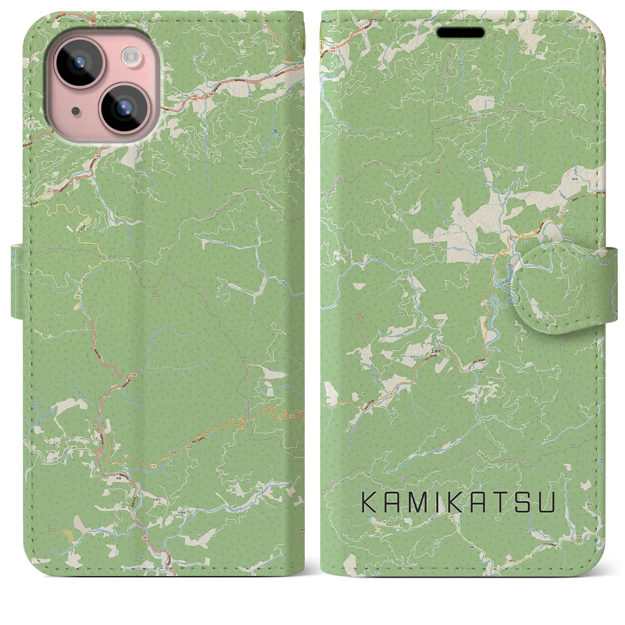 【上勝(徳島県)】地図柄iPhoneケース(手帳タイプ)ナチュラル・iPhone 15 Plus 用
