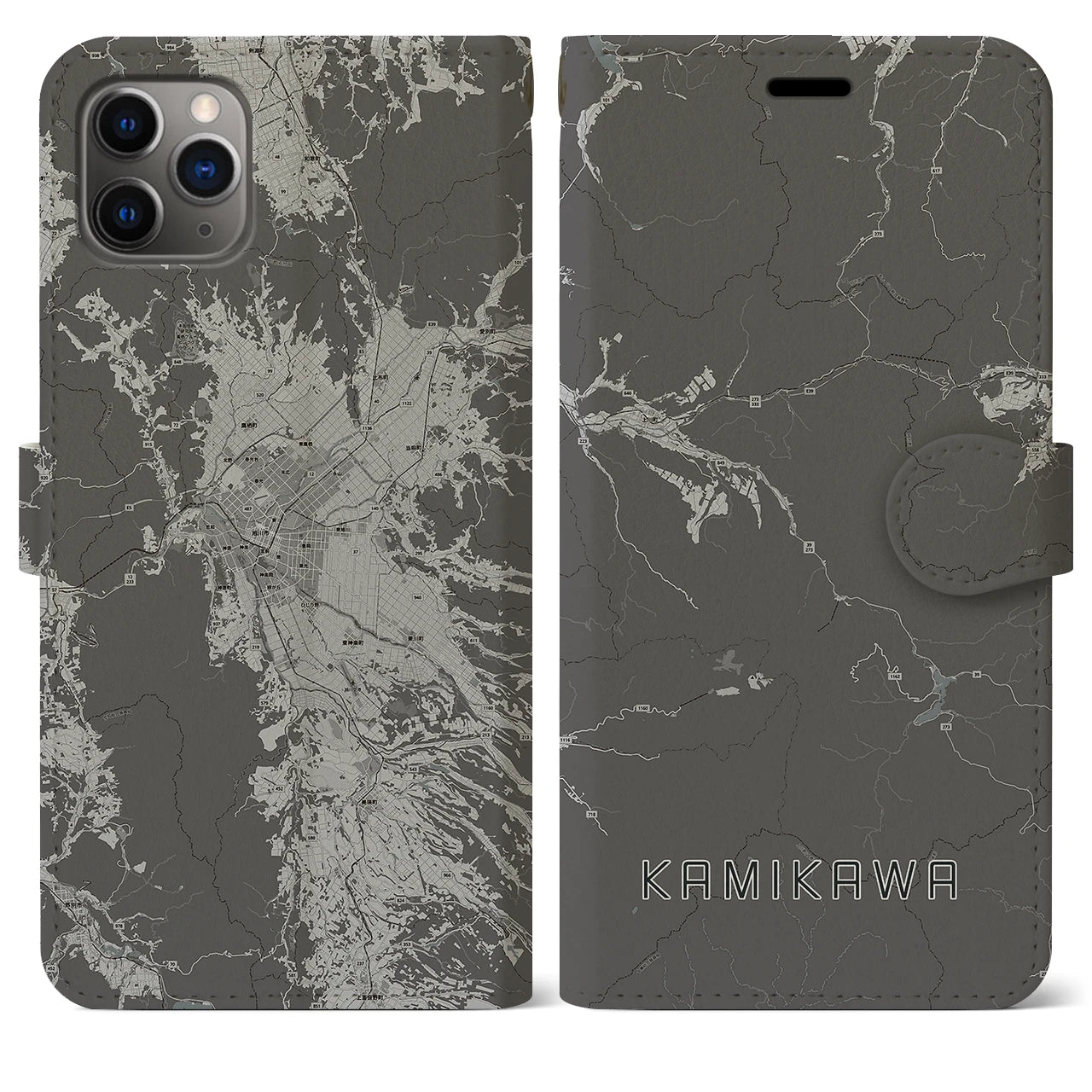 【上川(北海道)】地図柄iPhoneケース(手帳タイプ)モノトーン・iPhone 11 Pro Max 用
