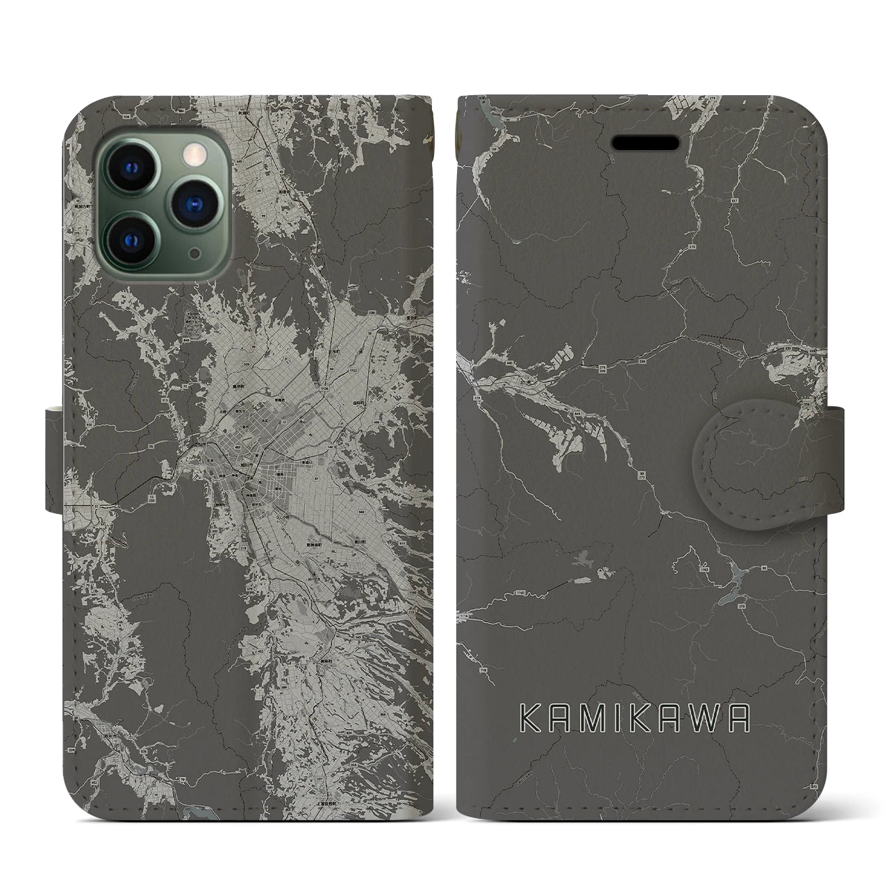 【上川(北海道)】地図柄iPhoneケース(手帳タイプ)モノトーン・iPhone 11 Pro 用
