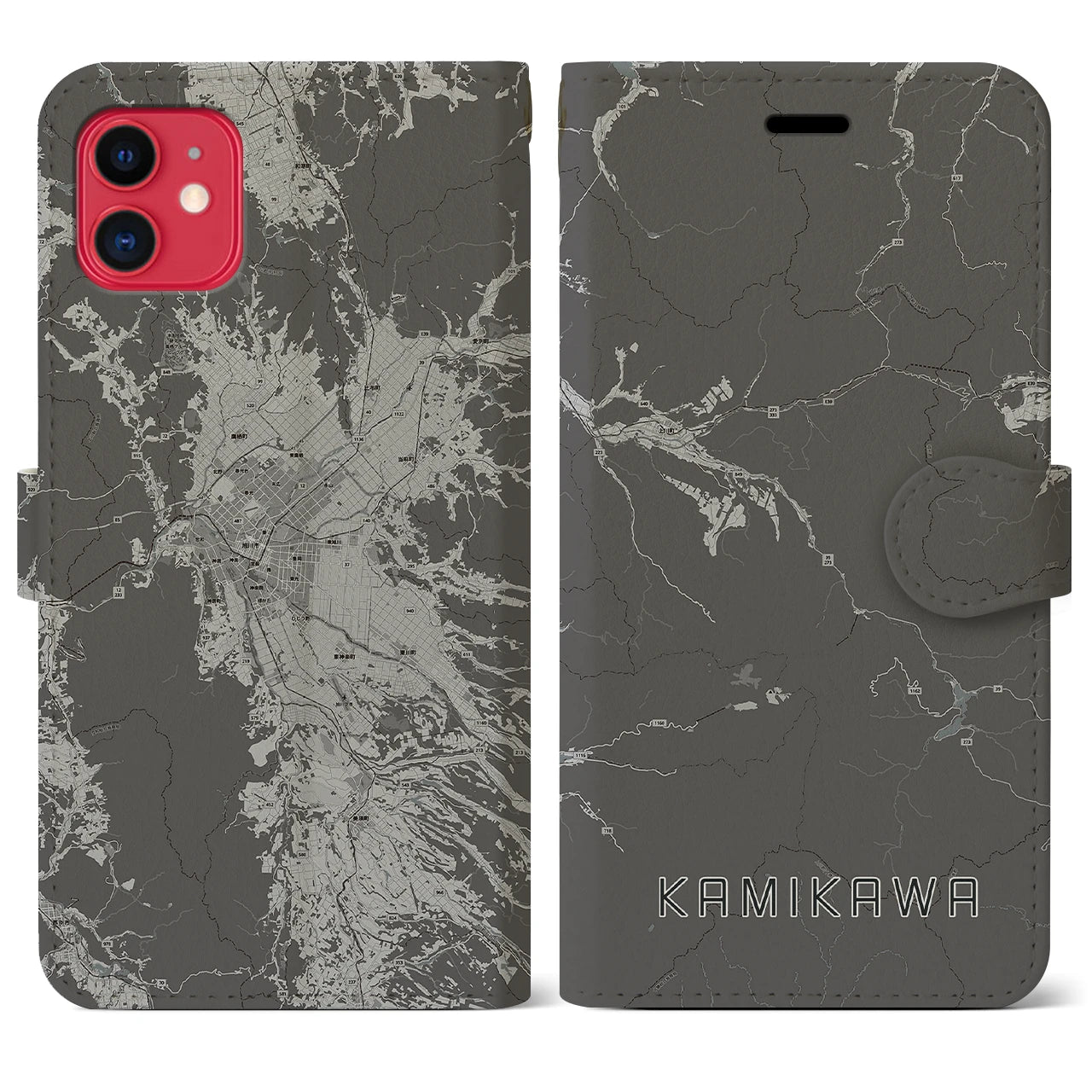 【上川(北海道)】地図柄iPhoneケース(手帳タイプ)モノトーン・iPhone 11 用